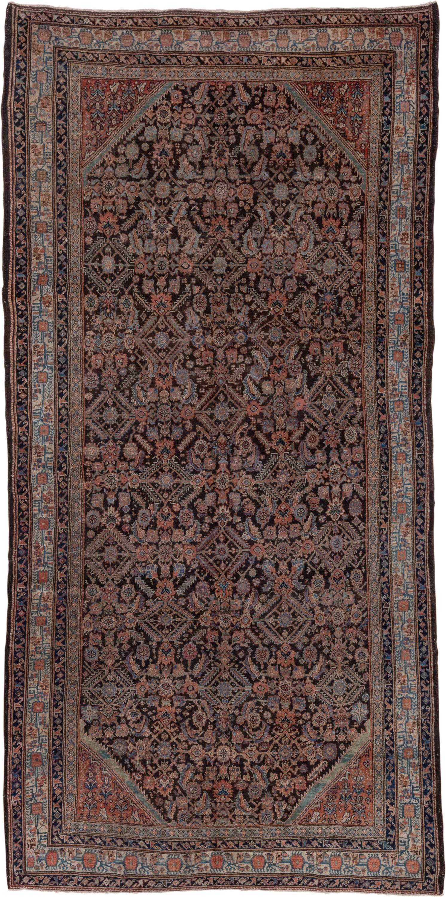 3' x 12' one-of-a-kind handmade vintage Tulu runner rug. Color palette: deep brown, terracotta, ivory, muted blue, navy
