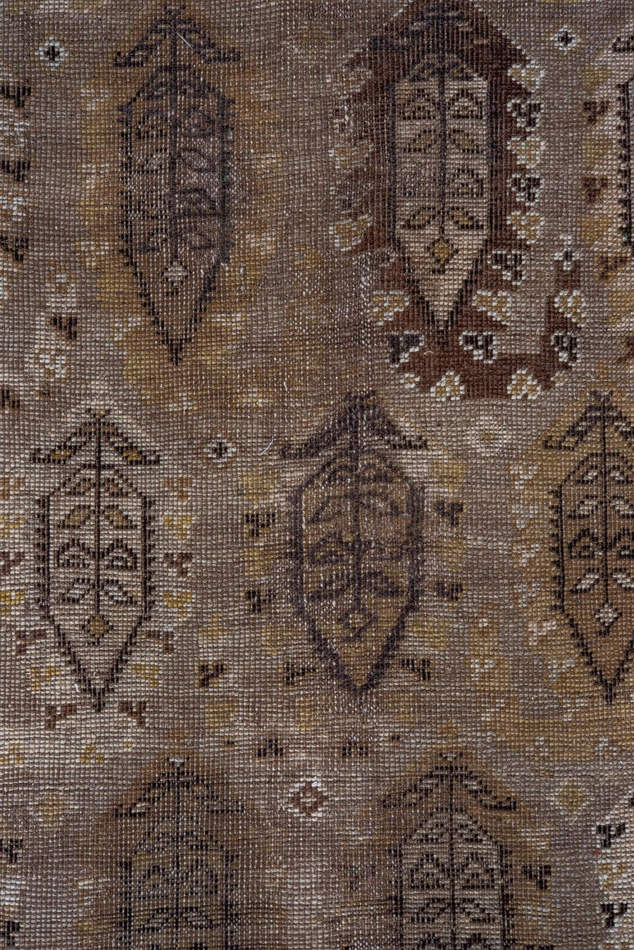 14' x 18' one-of-a-kind handmade vintage Tulu oversize rug. Color palette: taupe, camel, brown, ivory, charcoal, beige, gray