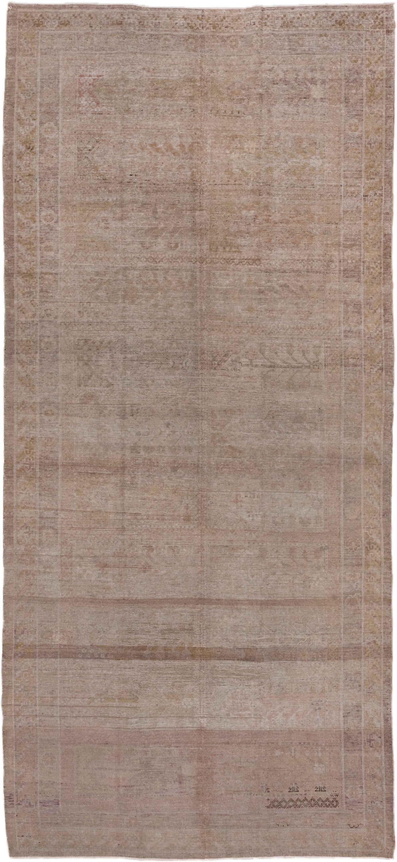 12' x 14' one-of-a-kind handmade vintage Kilim oversize rug. Color palette: taupe, blush, ivory, beige, sand, rose, camel