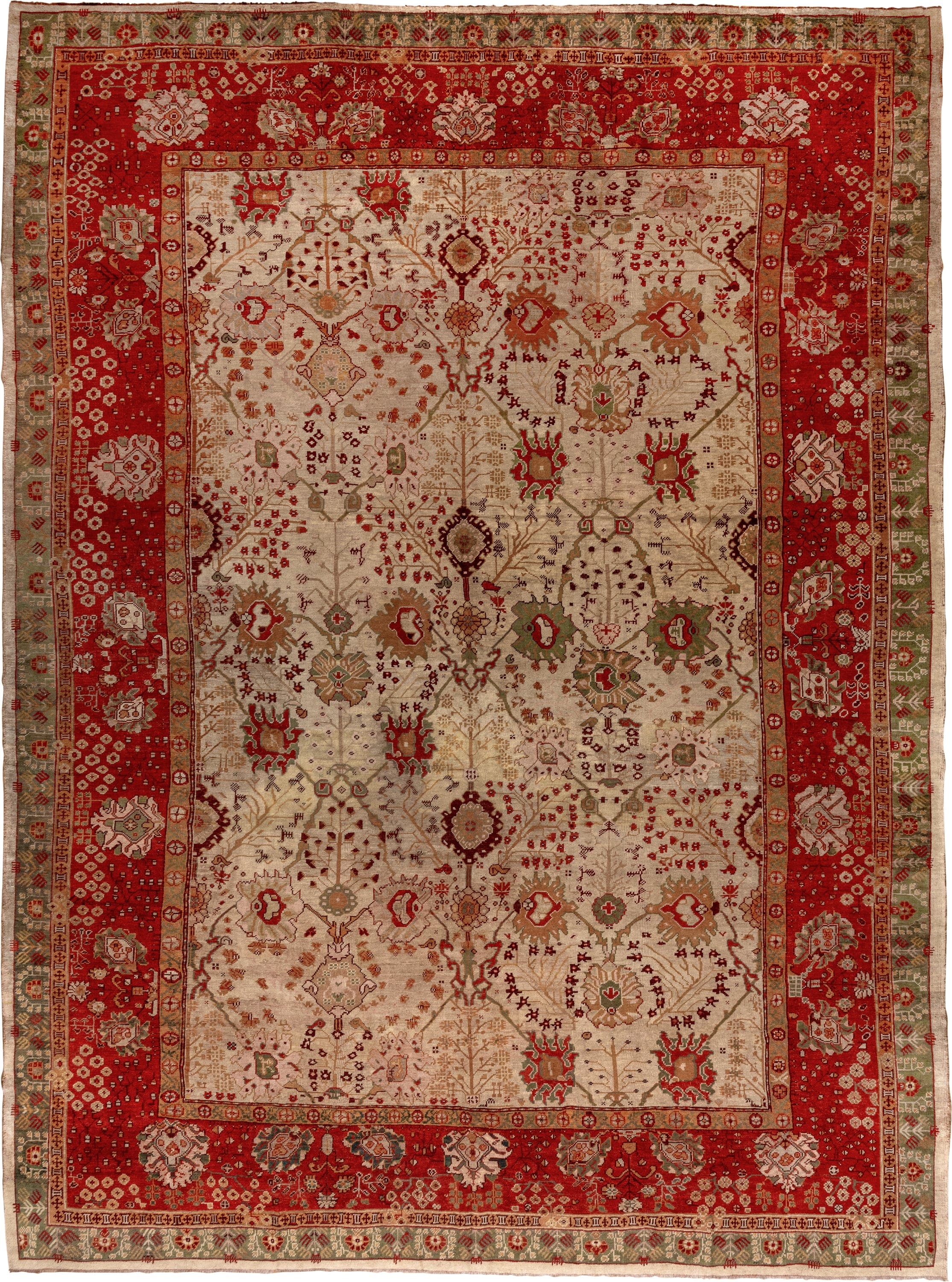 8' x 12' one-of-a-kind handmade vintage Kilim large size rug. Color palette: ivory, red, sage, camel, rust, taupe, burgundy