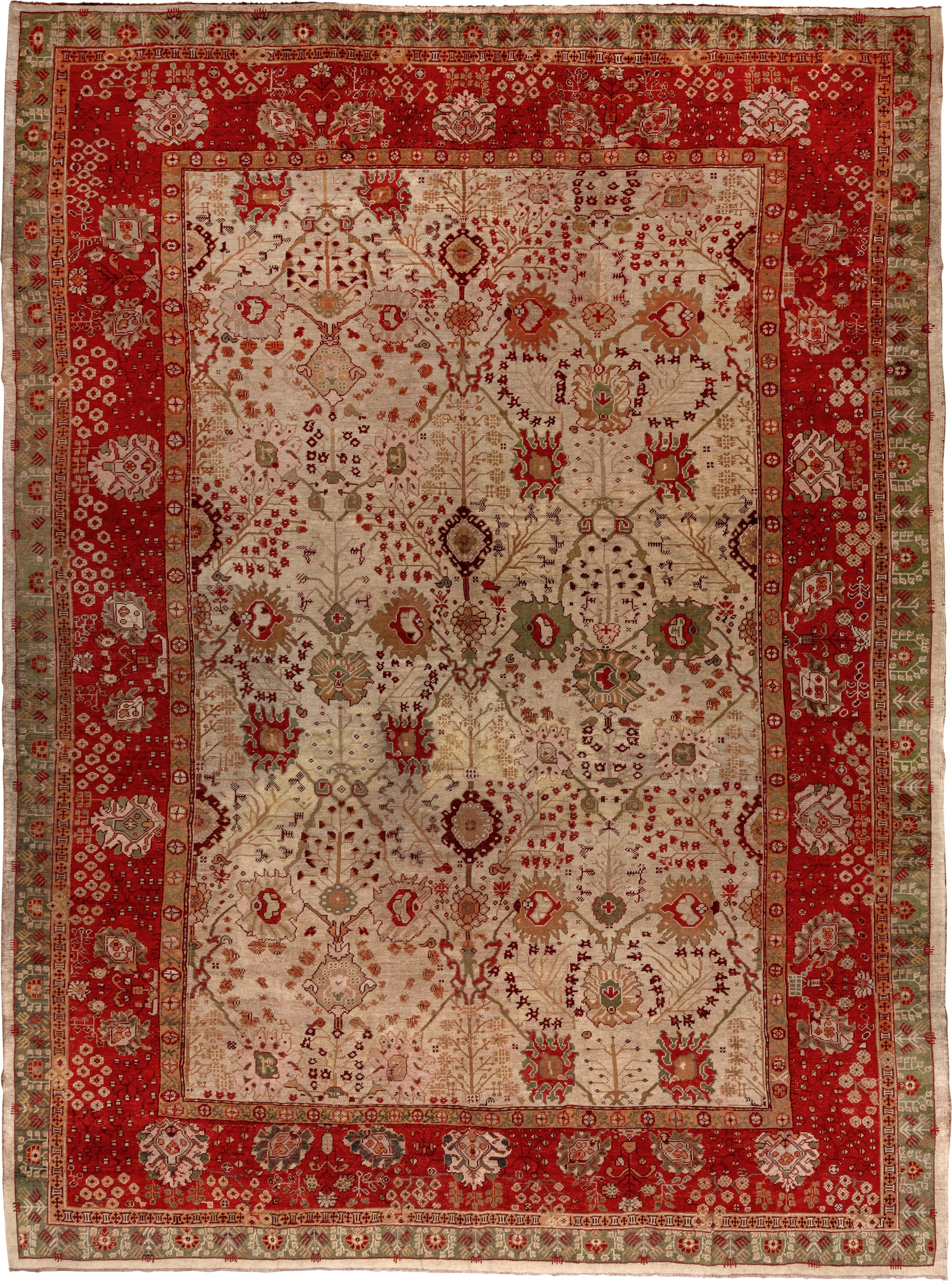 8' x 12' one-of-a-kind handmade vintage Kilim large size rug. Color palette: ivory, red, sage, camel, rust, taupe, burgundy