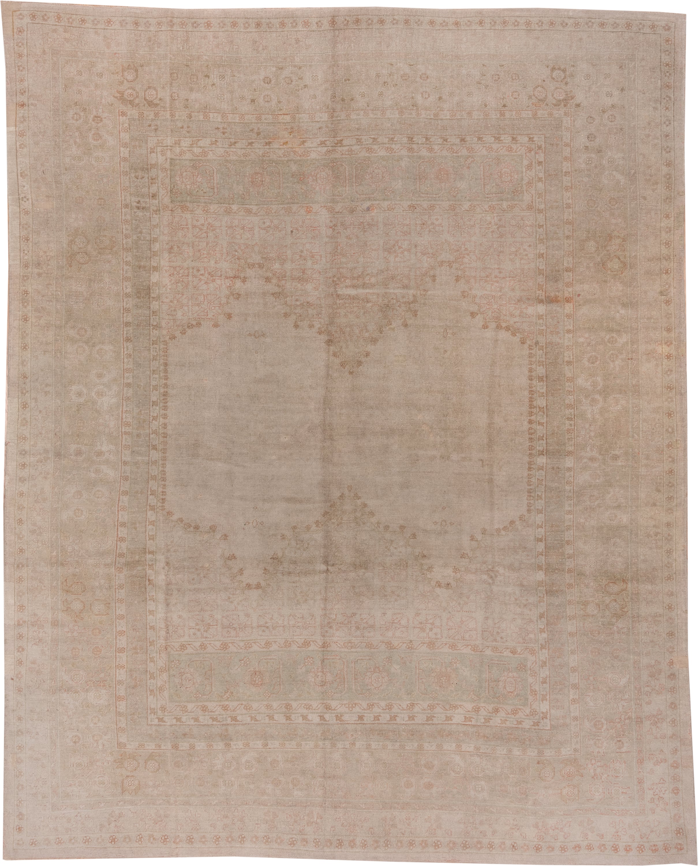12' x 15' one-of-a-kind handmade vintage Kilim oversize rug. Color palette: ivory, blush, taupe, sand, pale rose, beige