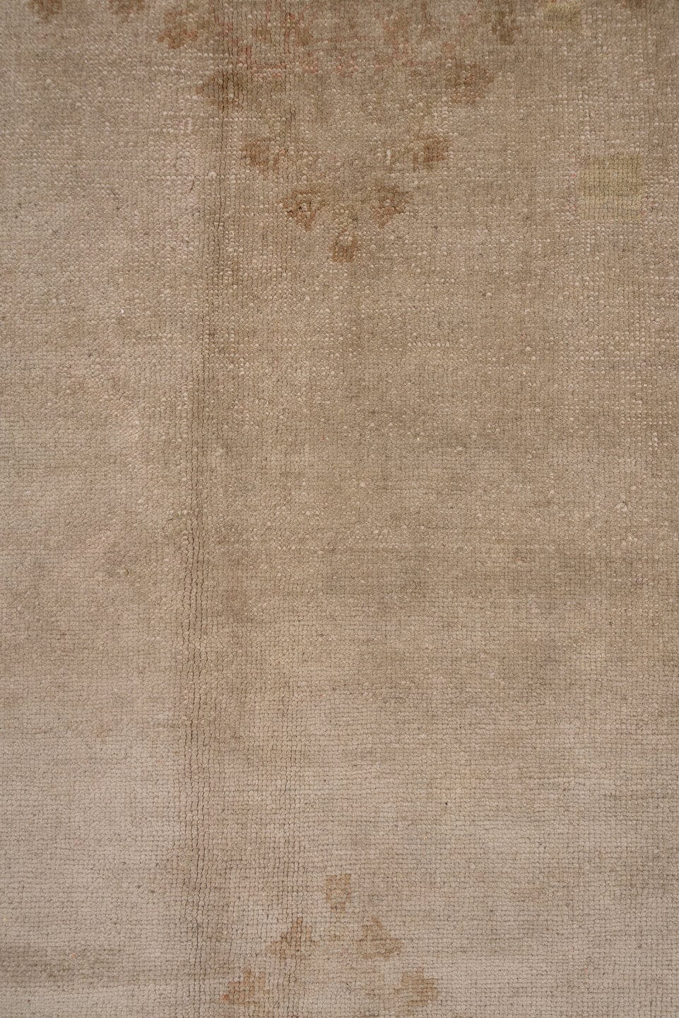 12' x 15' one-of-a-kind handmade vintage Kilim oversize rug. Color palette: ivory, blush, taupe, sand, pale rose, beige