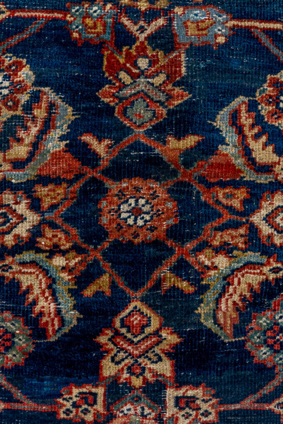 14' x 17' one-of-a-kind handmade vintage Tulu oversize rug. Color palette: navy, terracotta, ivory, rust, camel, slate