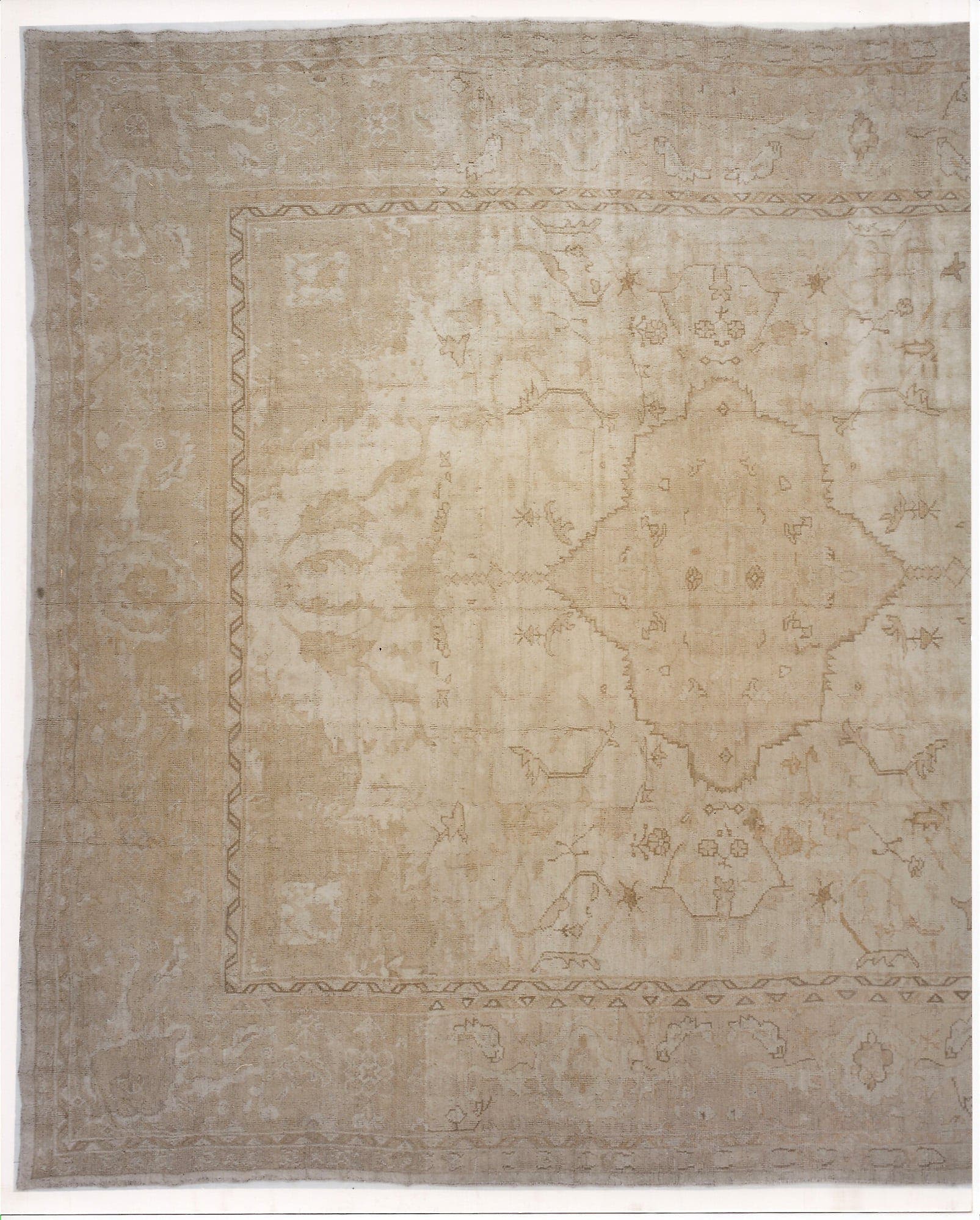 11' x 14' one-of-a-kind handmade vintage Kilim oversize rug. Color palette: ivory, taupe, beige, sand, camel, gray
