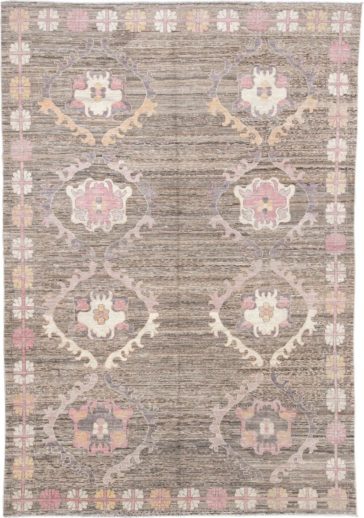 8' x 12' one-of-a-kind handmade vintage Oushak large size rug. Color palette: taupe, ivory, blush pink, lavender, brown