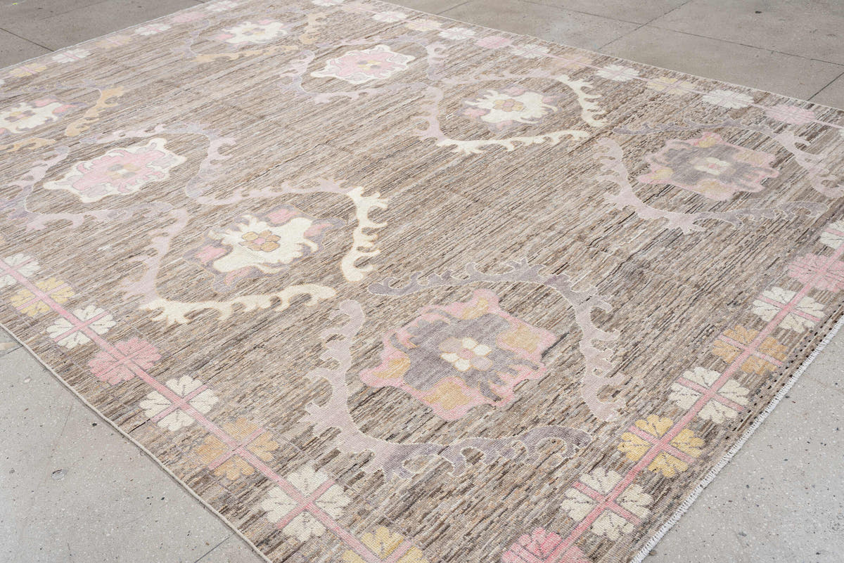 8' x 12' one-of-a-kind handmade vintage Oushak large size rug. Color palette: taupe, ivory, blush pink, lavender, brown