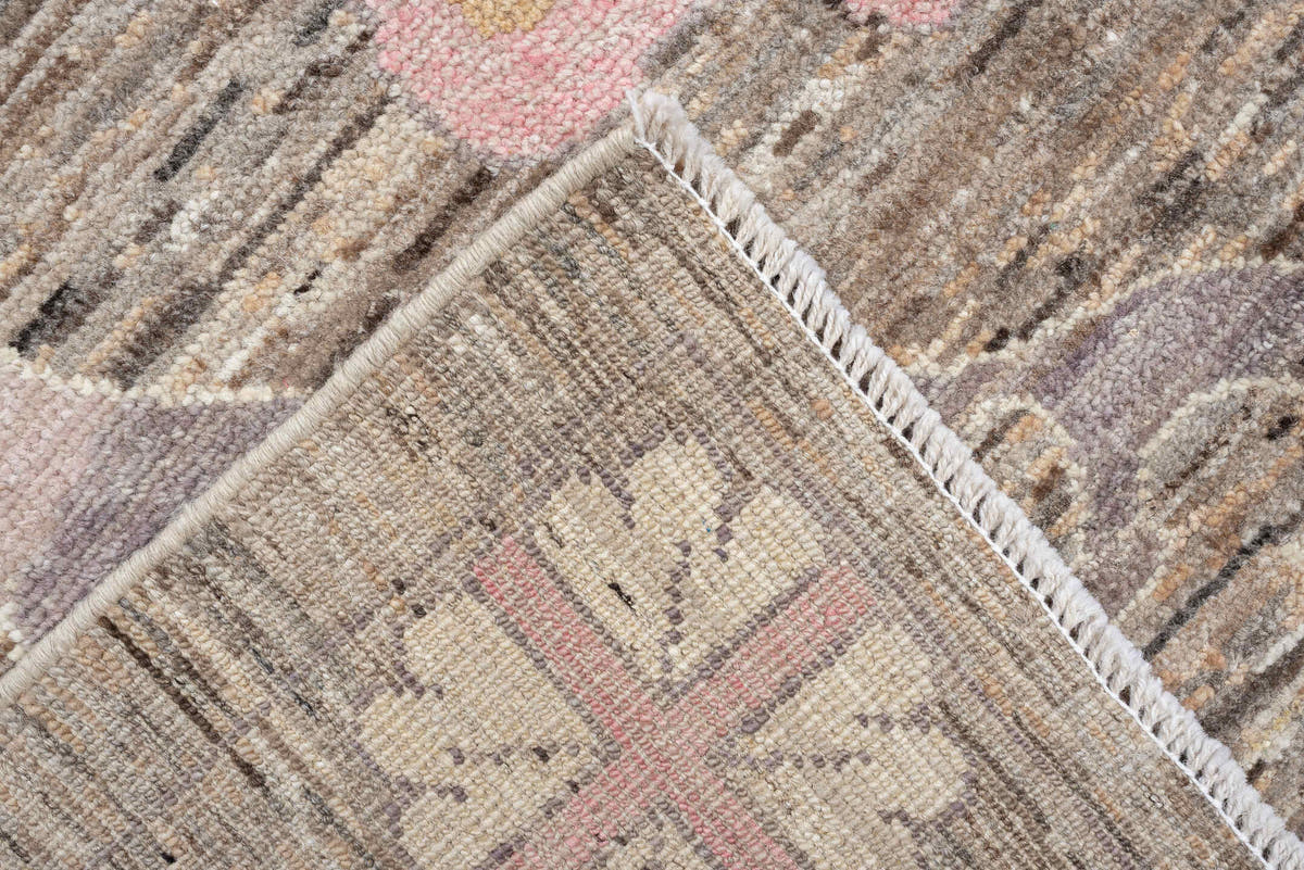 8' x 12' one-of-a-kind handmade vintage Oushak large size rug. Color palette: taupe, ivory, blush pink, lavender, brown