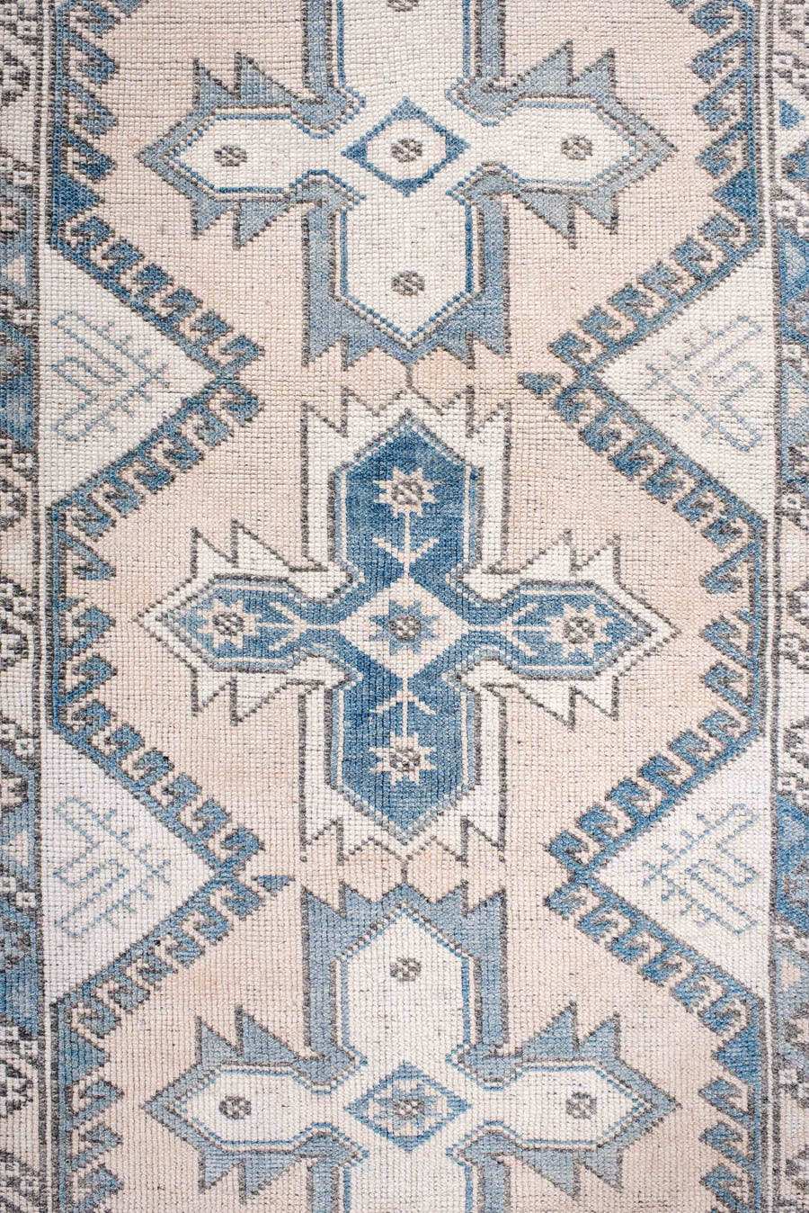 3' x 5' one-of-a-kind handmade vintage Anatolian small size rug. Color palette: ivory, powder blue, gray, slate, taupe