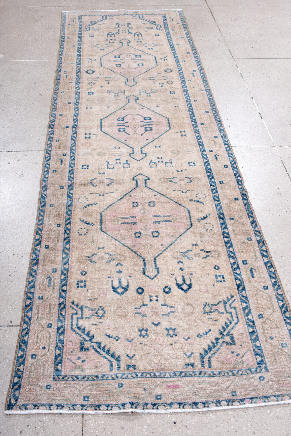 2' x 9' one-of-a-kind handmade antique Hamadan runner rug. Color palette: ivory, sky blue, blush, taupe, pale pink