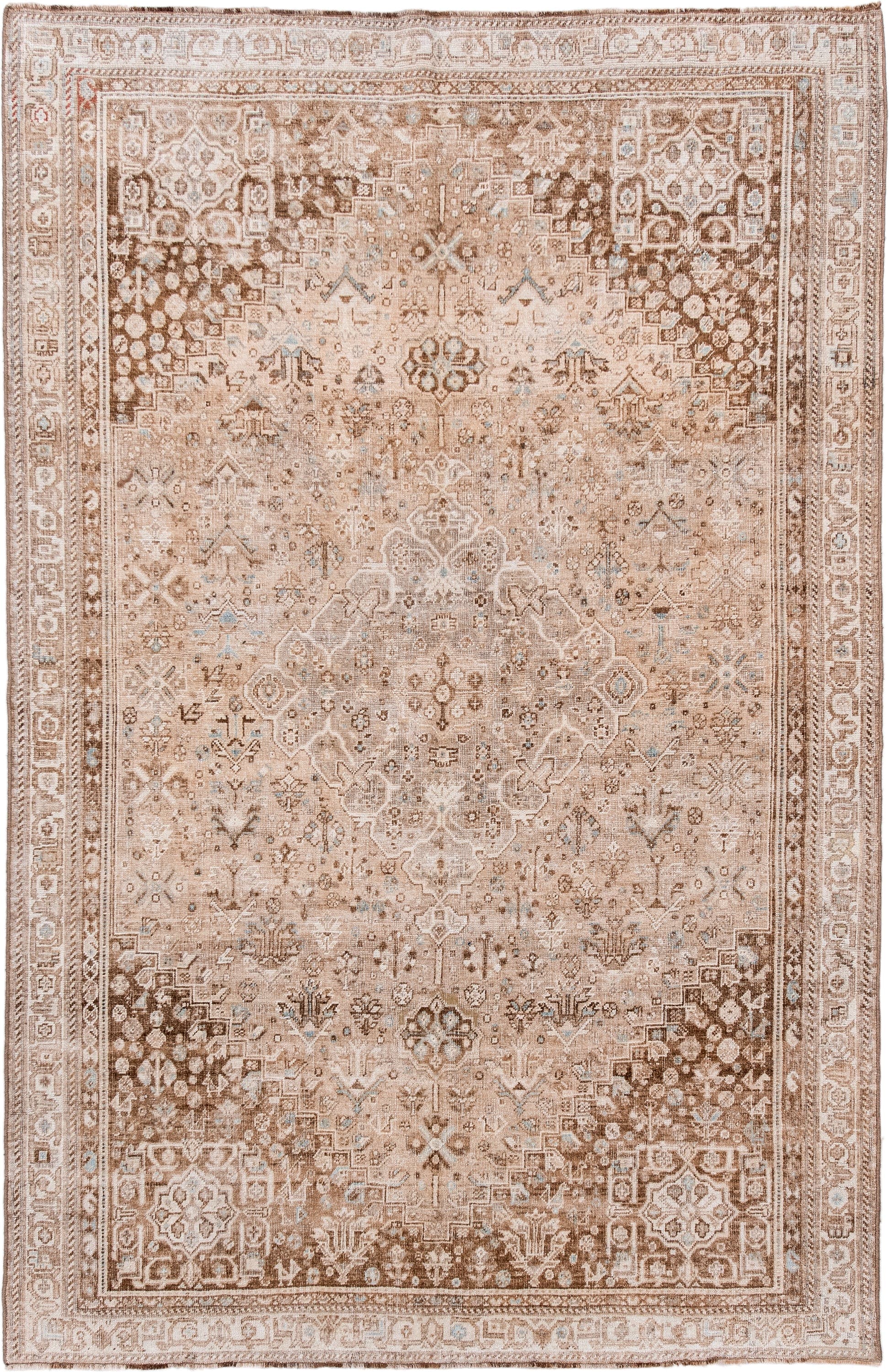 5' x 8' one-of-a-kind handmade vintage Shiraz medium size rug. Color palette: taupe, ivory, camel, beige, light brown