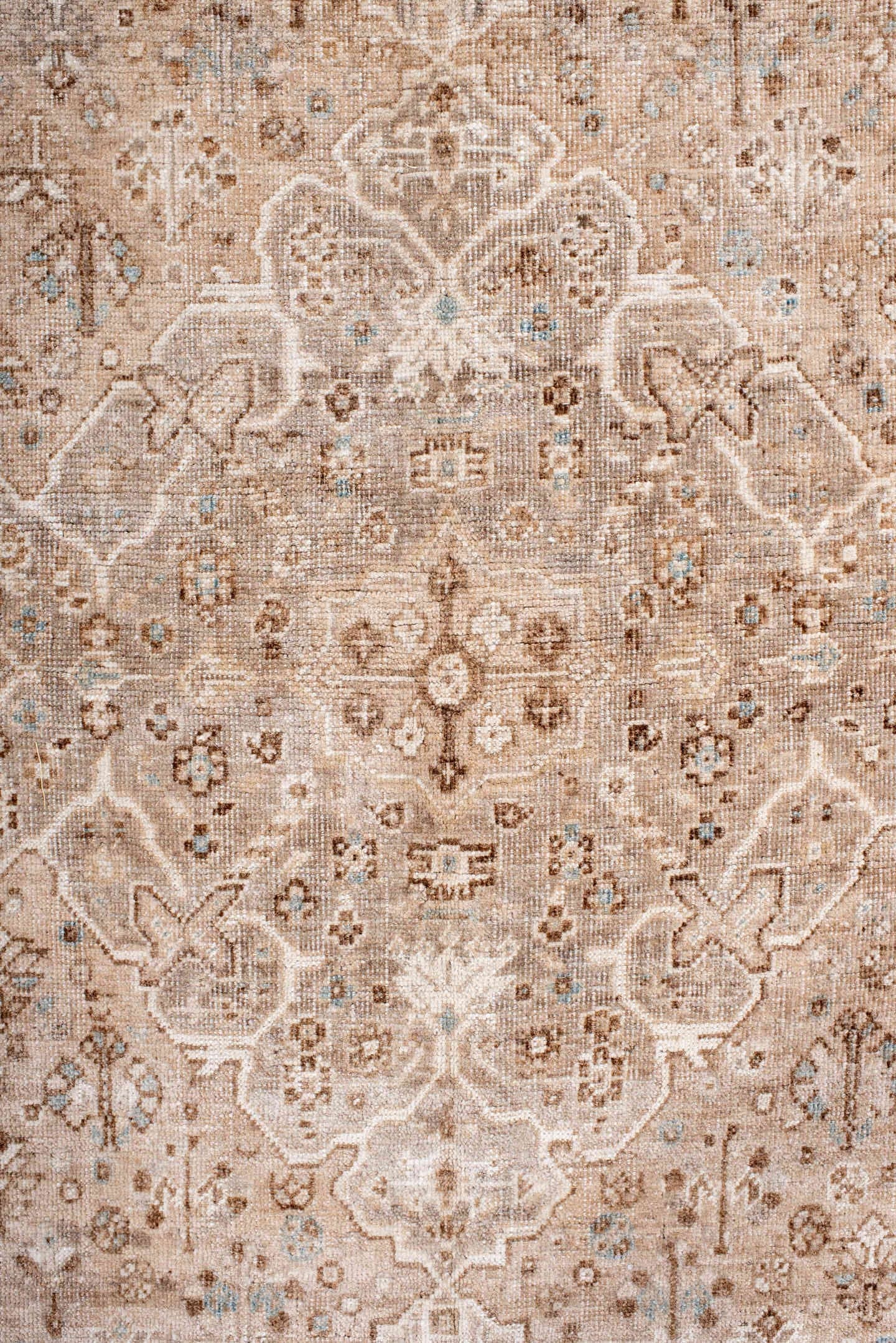 5' x 8' one-of-a-kind handmade vintage Shiraz medium size rug. Color palette: taupe, ivory, camel, beige, light brown
