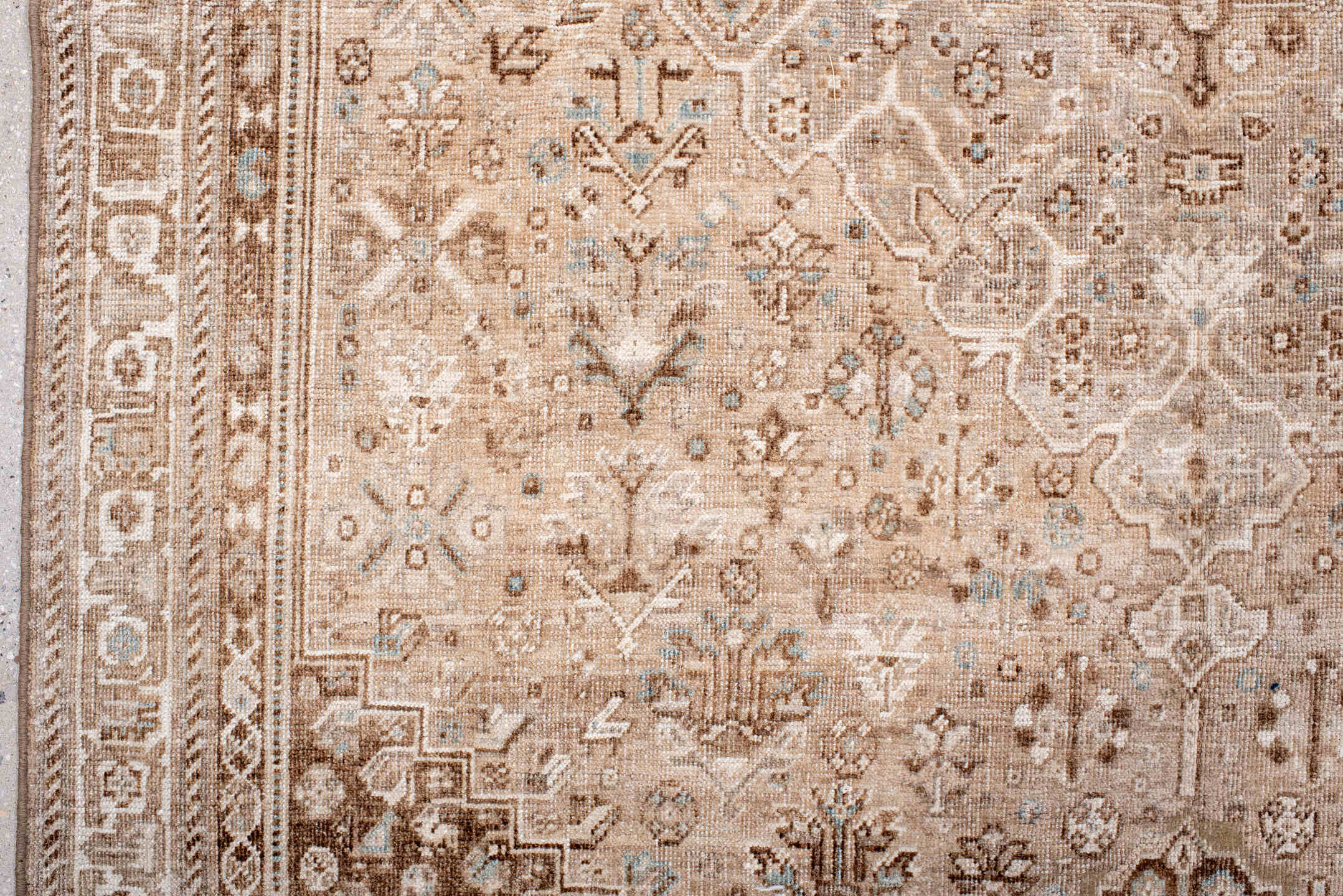 5' x 8' one-of-a-kind handmade vintage Shiraz medium size rug. Color palette: taupe, ivory, camel, beige, light brown