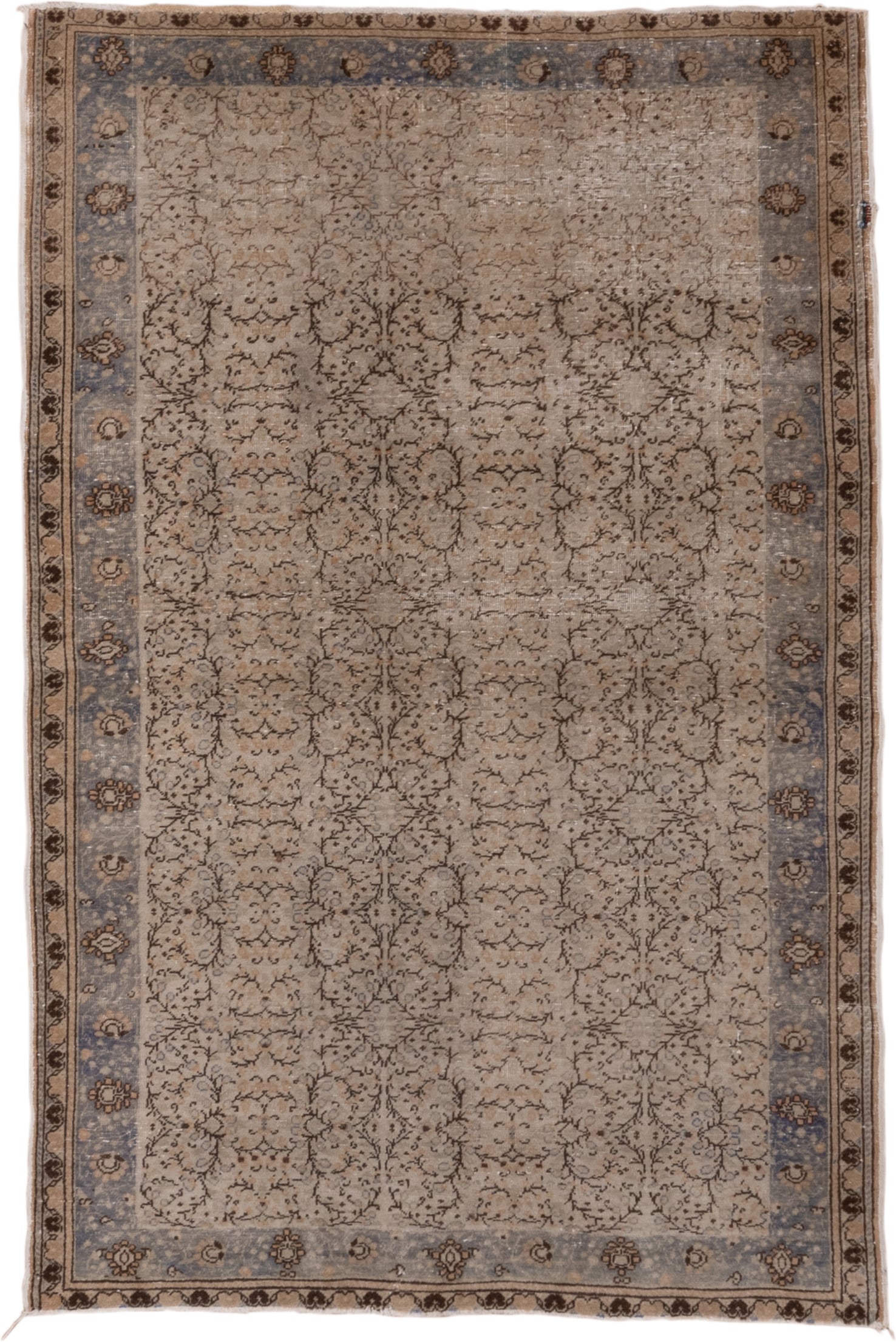4' x 6' one-of-a-kind handmade vintage Oushak rug. Color palette: taupe, beige, slate, brown, ivory, gray
