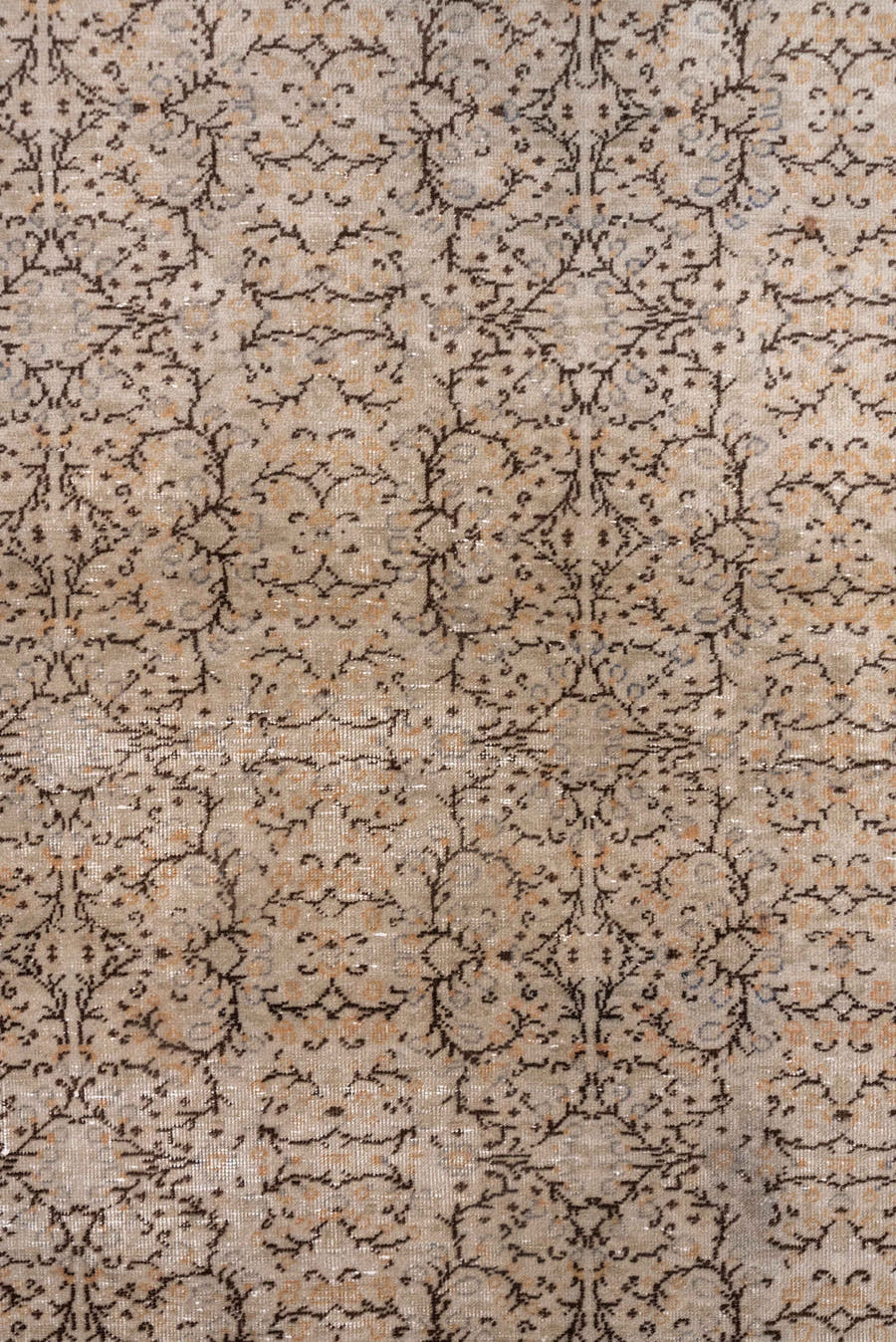 4' x 6' one-of-a-kind handmade vintage Oushak rug. Color palette: taupe, beige, slate, brown, ivory, gray