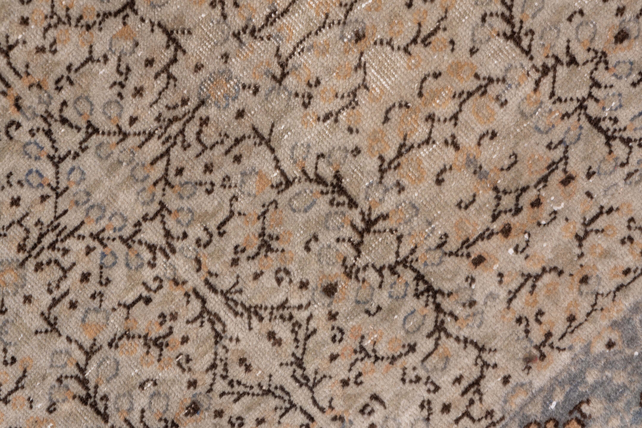 4' x 6' one-of-a-kind handmade vintage Oushak rug. Color palette: taupe, beige, slate, brown, ivory, gray