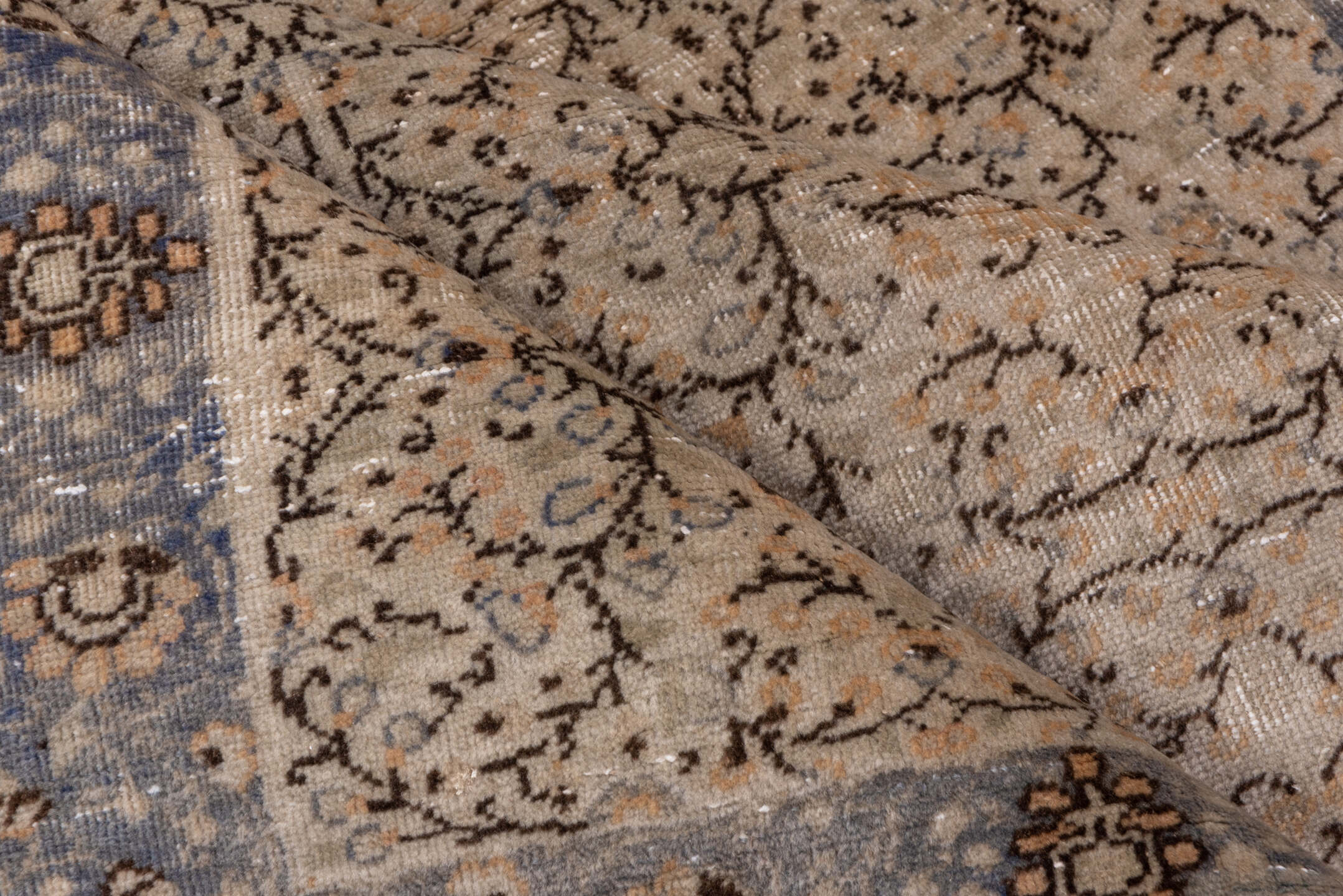 4' x 6' one-of-a-kind handmade vintage Oushak rug. Color palette: taupe, beige, slate, brown, ivory, gray
