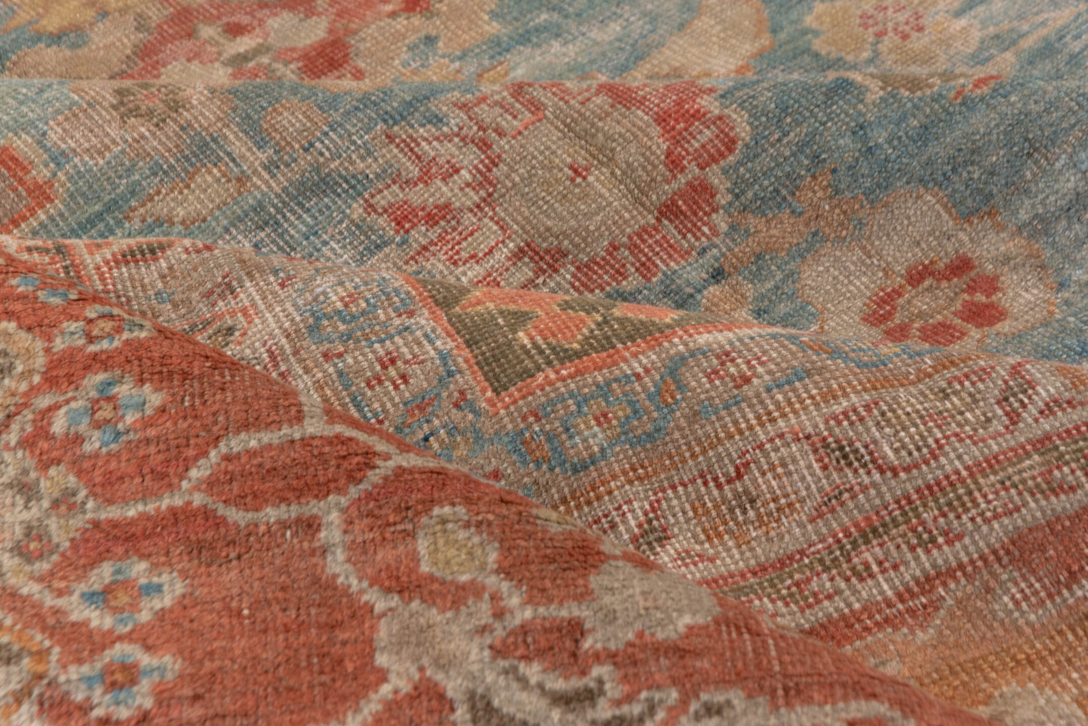 11' x 13' one-of-a-kind handmade vintage Sultanabad oversize rug. Color palette: blue, brown, gray, light gray, off-white