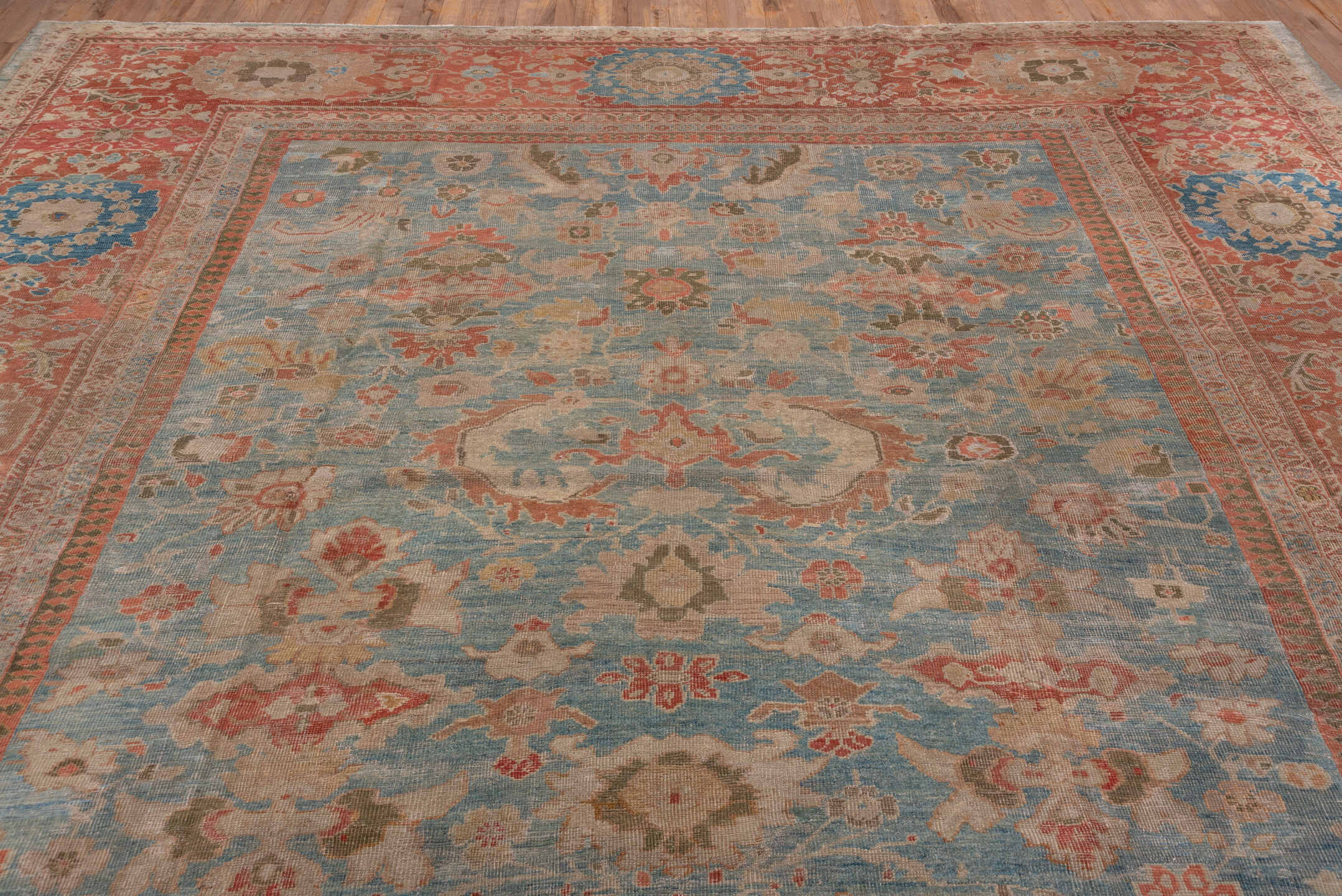 11' x 13' one-of-a-kind handmade vintage Sultanabad oversize rug. Color palette: blue, brown, gray, light gray, off-white