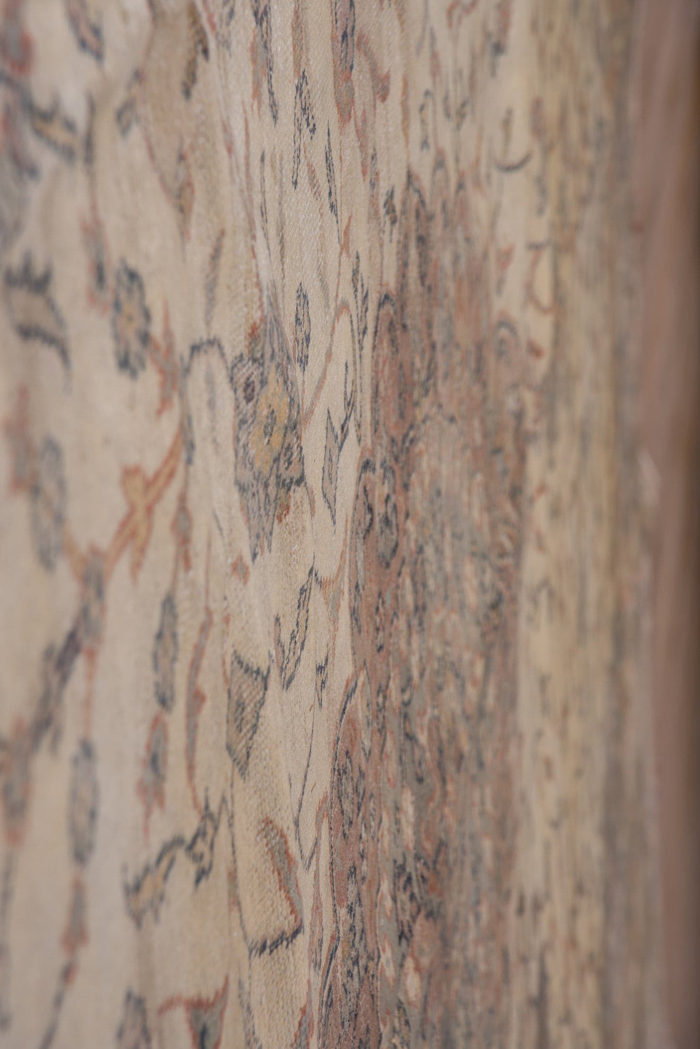 10' x 13' one-of-a-kind handmade vintage Sivas large size rug. Color palette: ivory, taupe, rose, blue-gray, camel, slate
