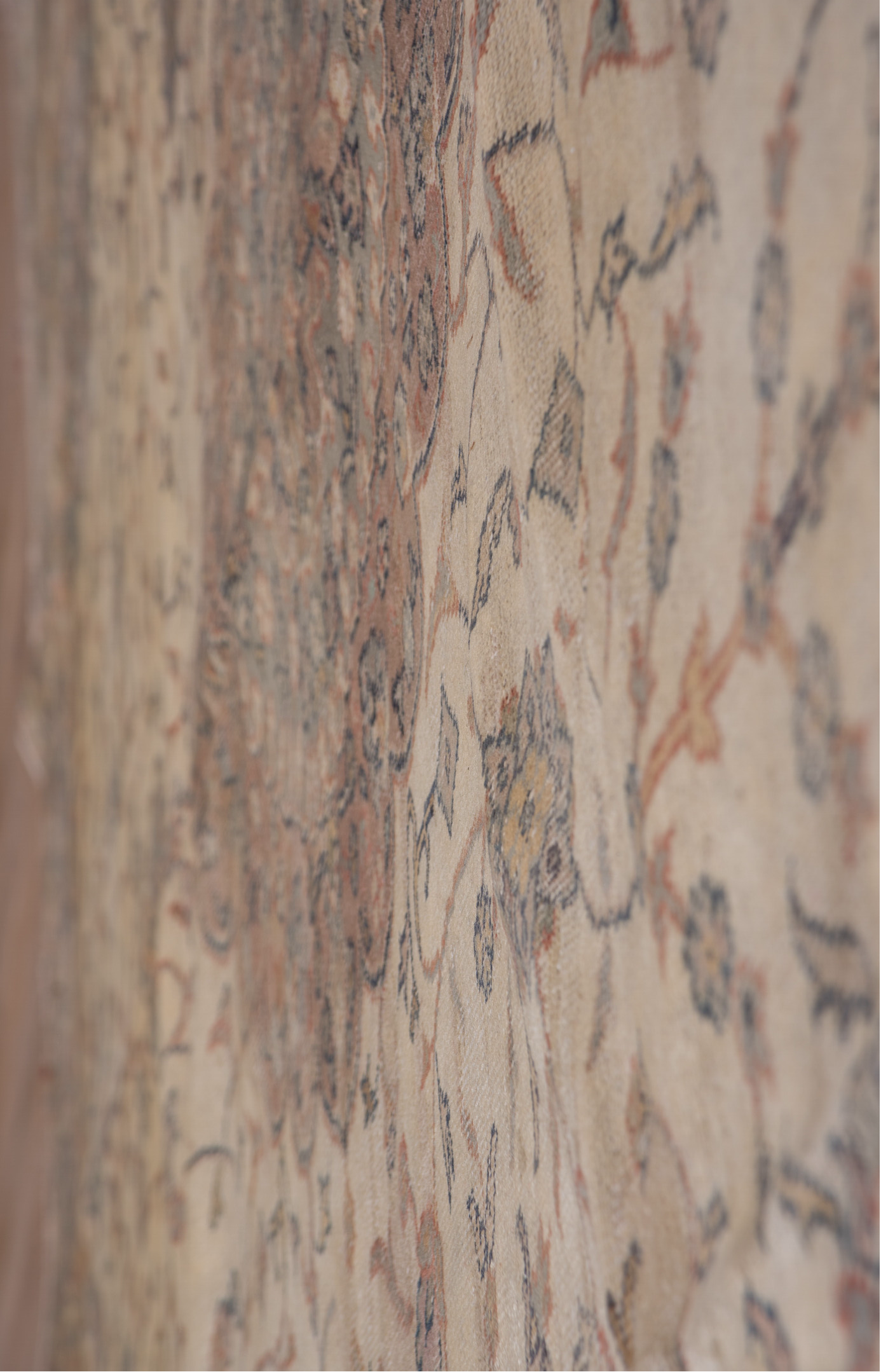 10' x 13' one-of-a-kind handmade vintage Sivas large size rug. Color palette: ivory, taupe, rose, blue-gray, camel, slate