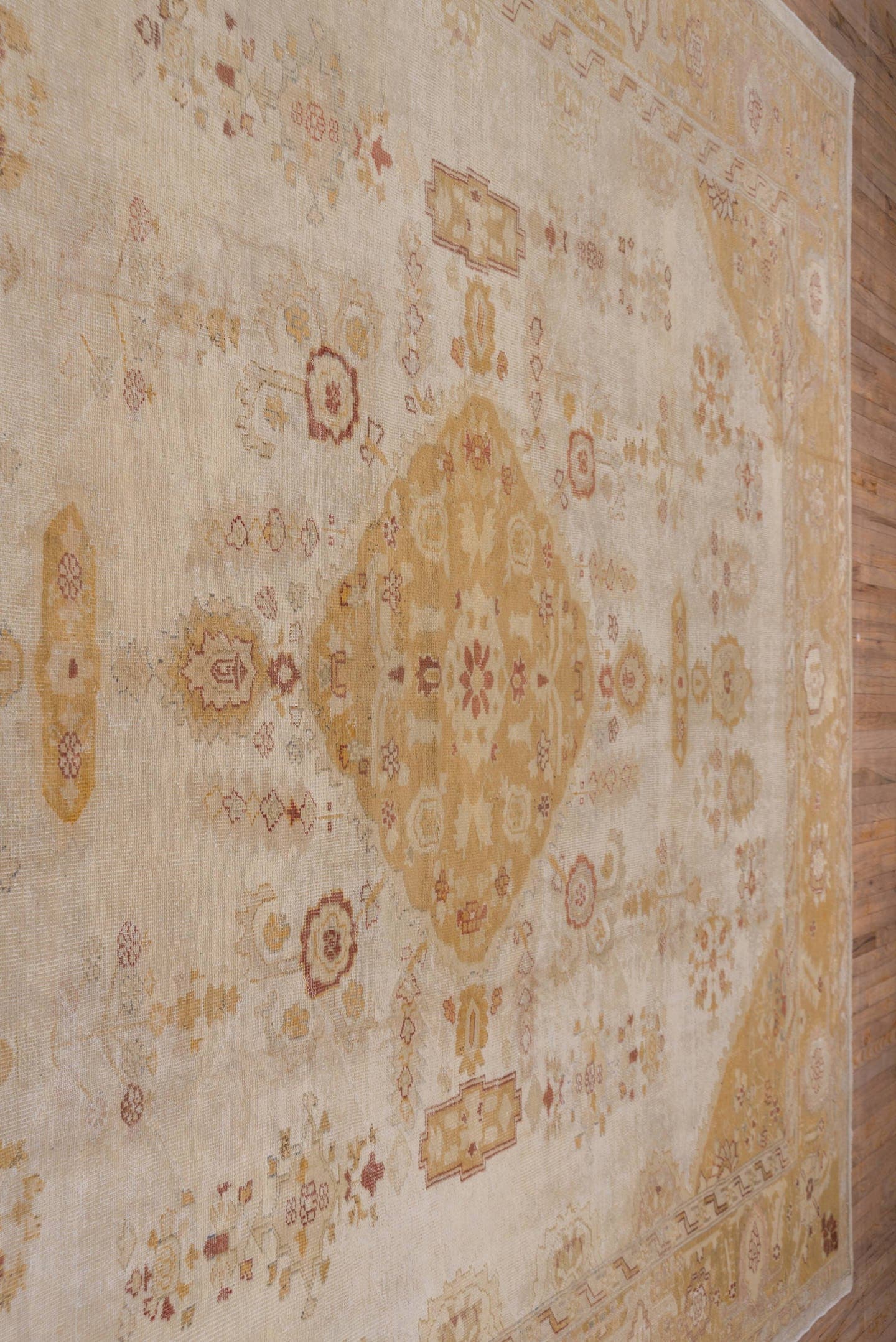 12' x 14' one-of-a-kind handmade antique Oushak oversize rug. Color palette: ivory, gold, camel, blush, taupe, rust, sage