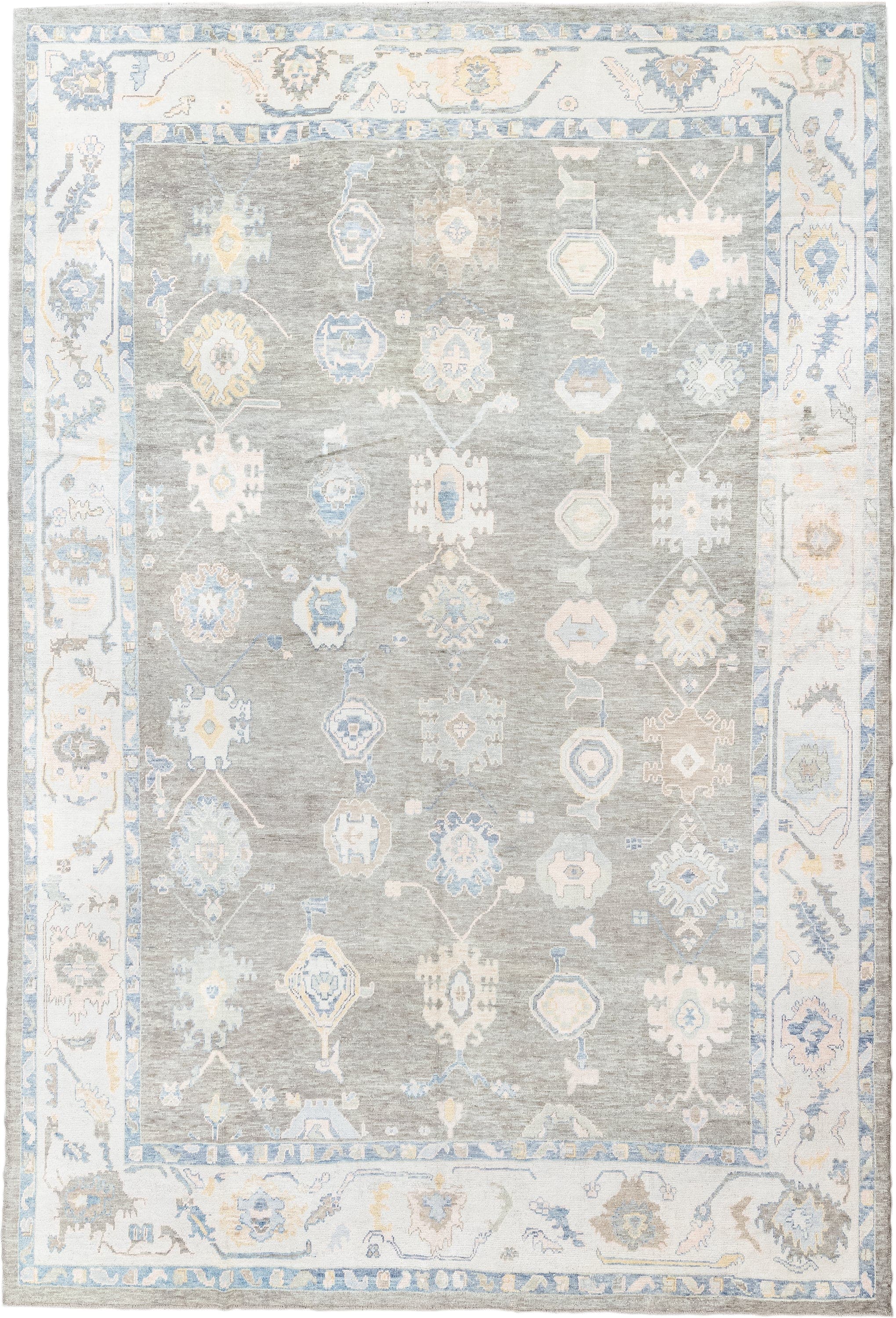 13' x 20' one-of-a-kind handmade vintage Oushak oversize rug. Color palette: gray, ivory, sky_blue, taupe, soft_gold, cream