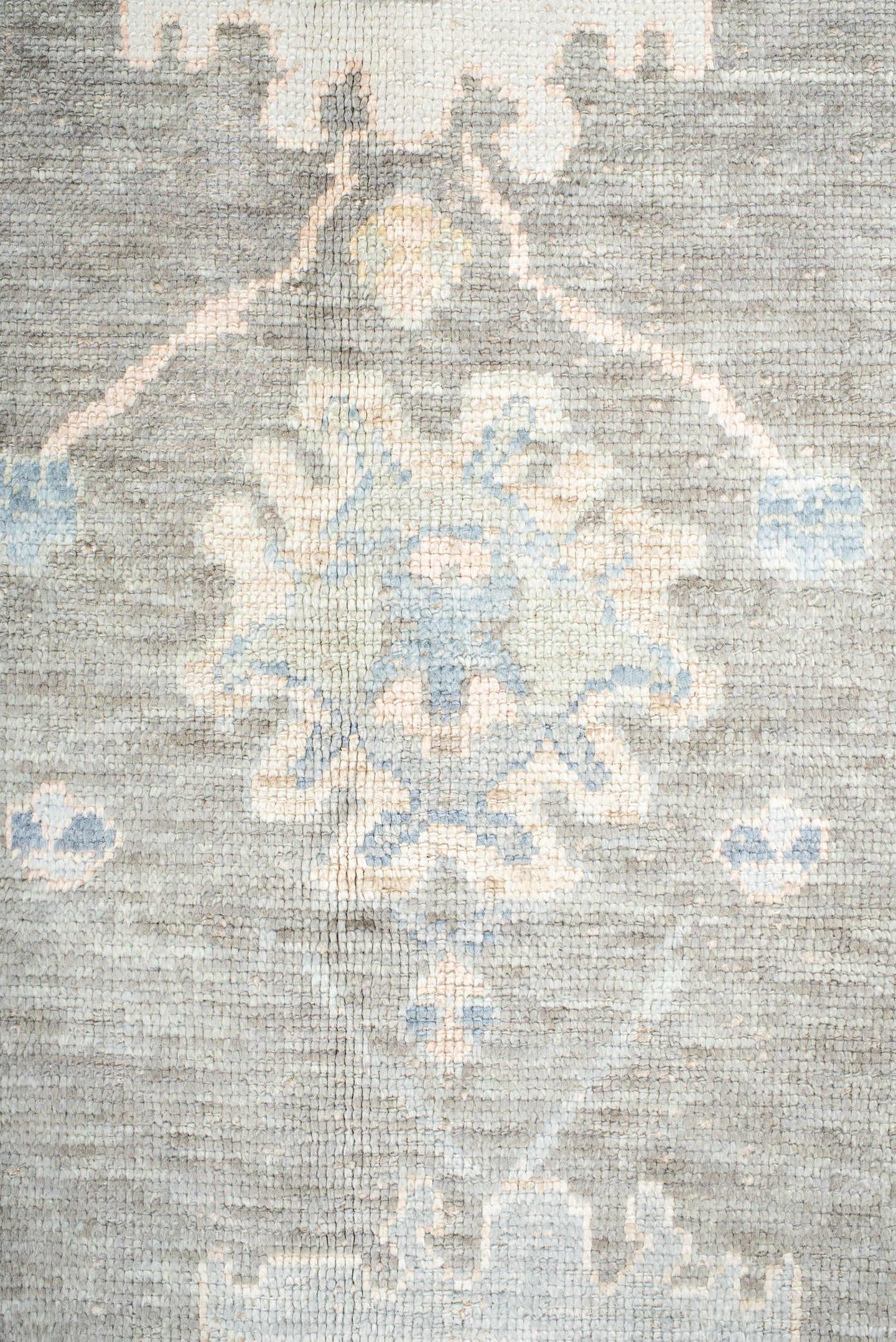 13' x 20' one-of-a-kind handmade vintage Oushak oversize rug. Color palette: gray, ivory, sky_blue, taupe, soft_gold, cream