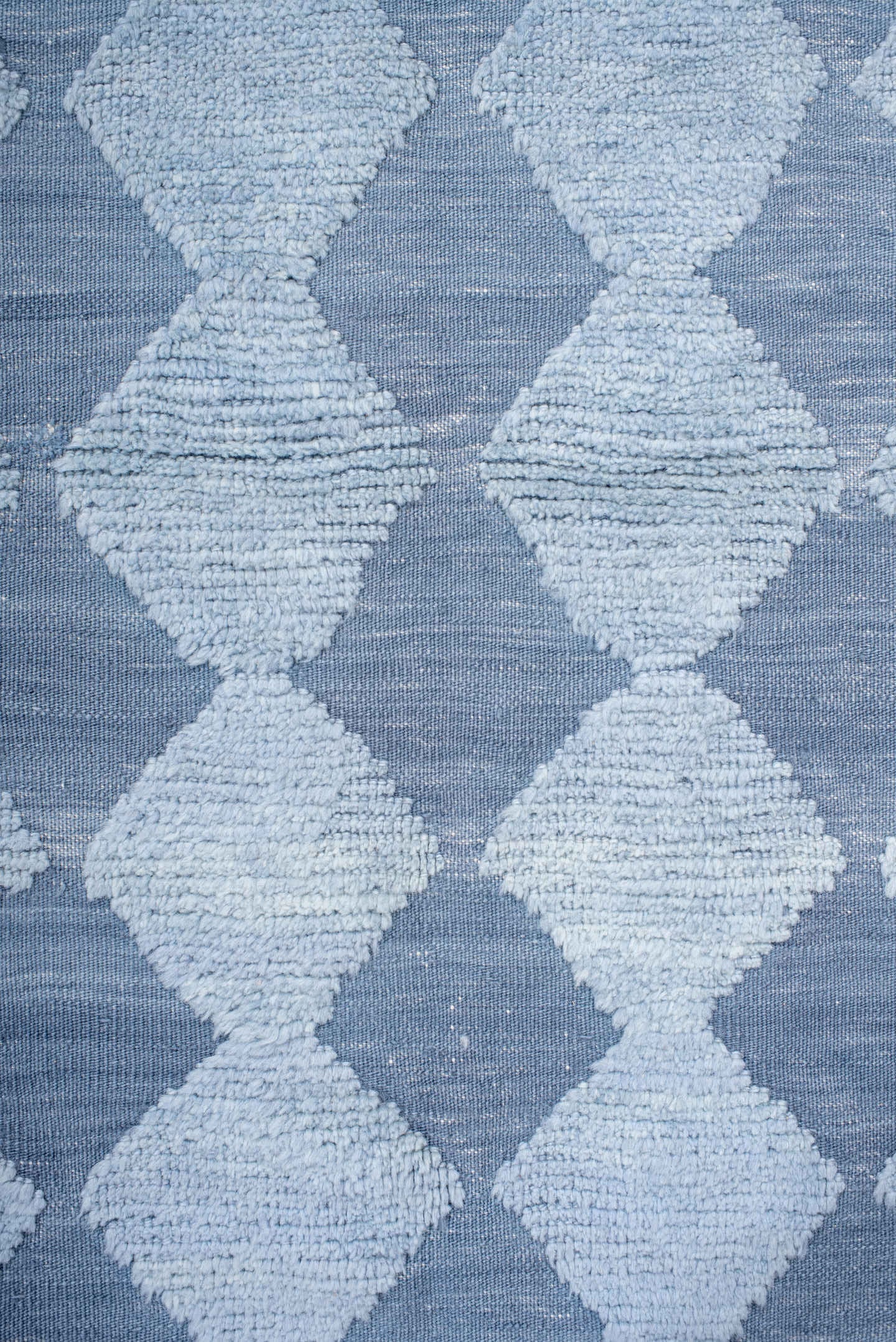 9' x 12' one-of-a-kind handmade vintage Tulu large size rug. Color palette: powder blue, sky blue, ice blue, light blue