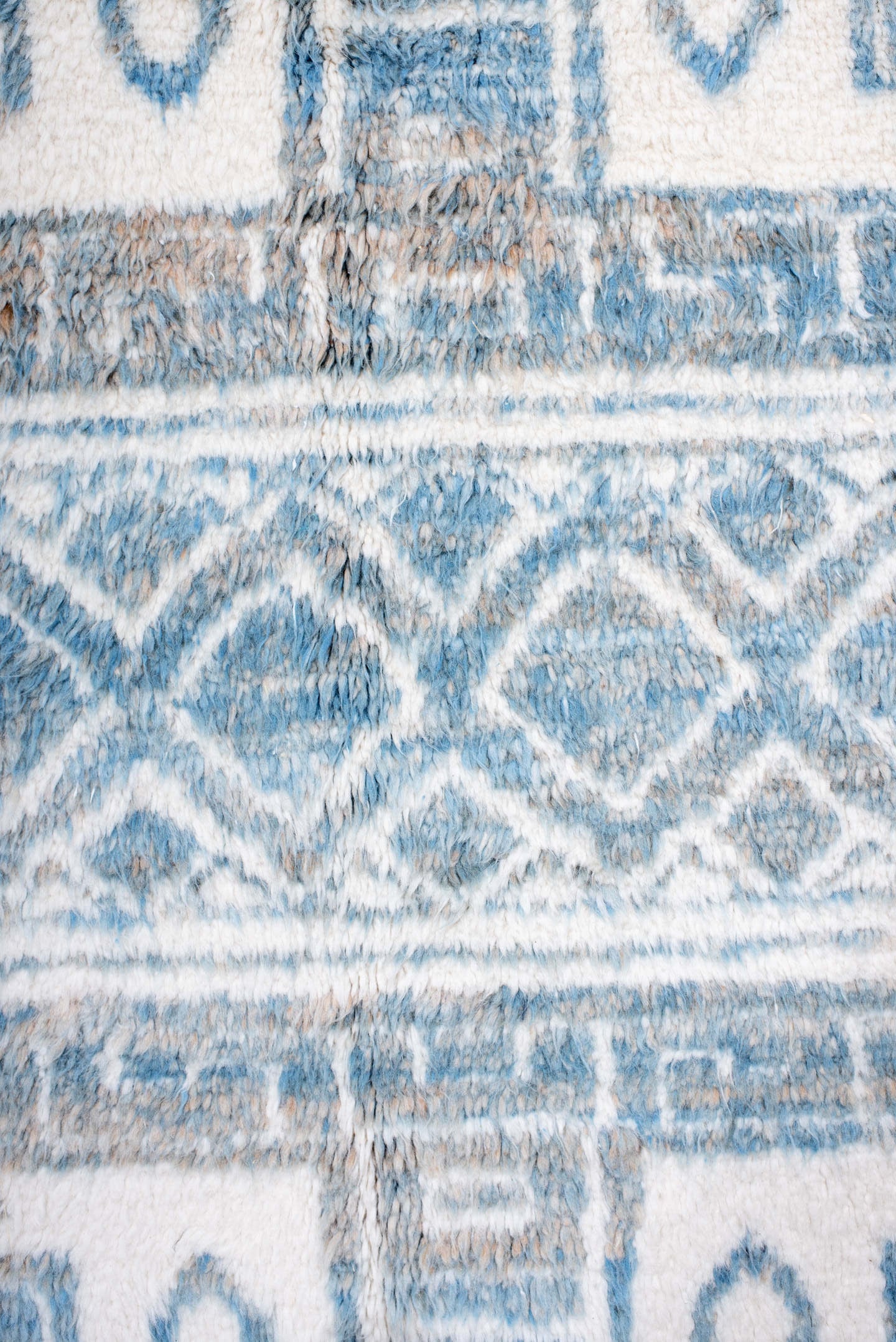 8' x 11' one-of-a-kind handmade vintage Moroccan large size rug. Color palette: ivory, sky_blue, pale_blue, light blue