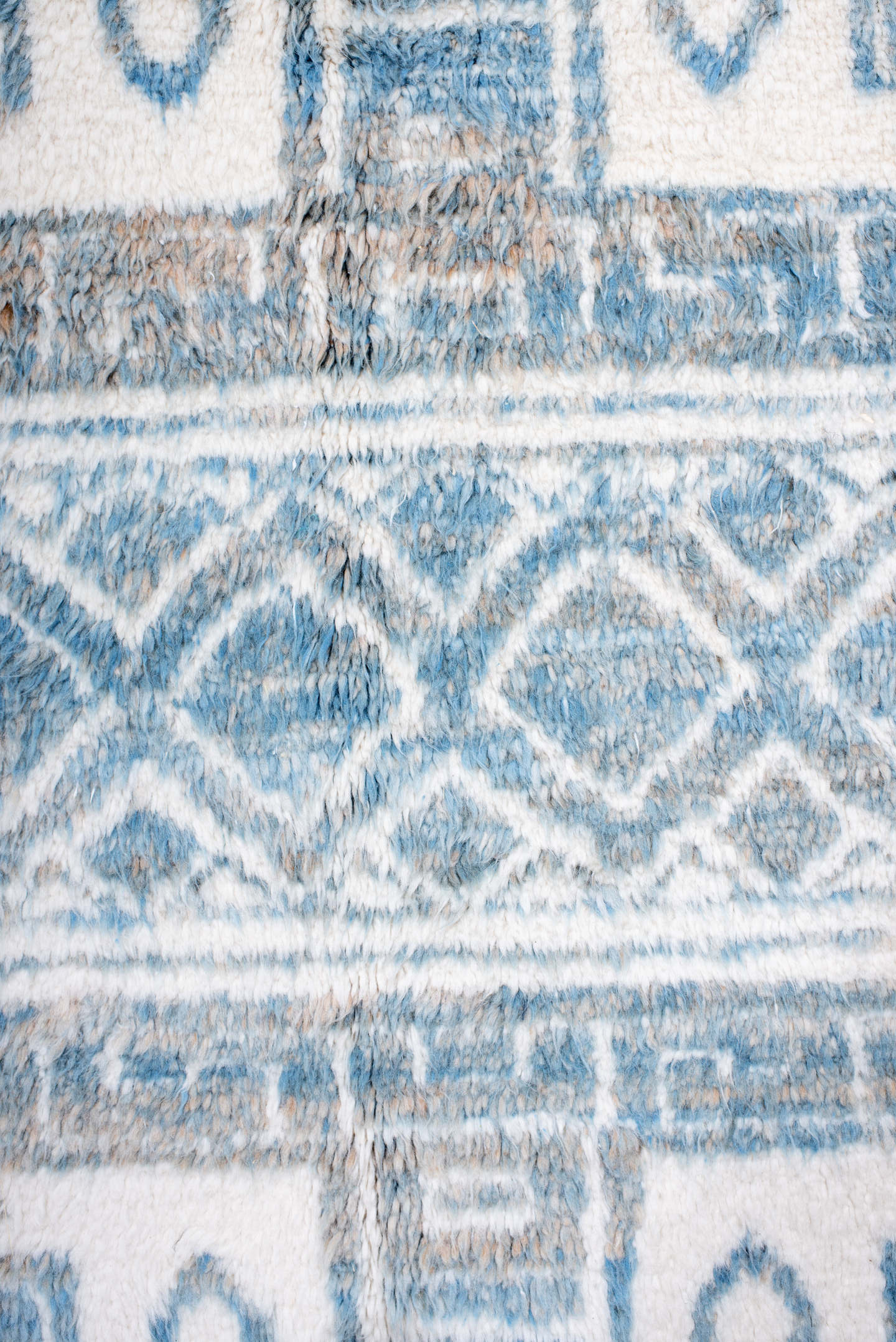8' x 11' one-of-a-kind handmade vintage Moroccan large size rug. Color palette: ivory, sky_blue, pale_blue, light blue