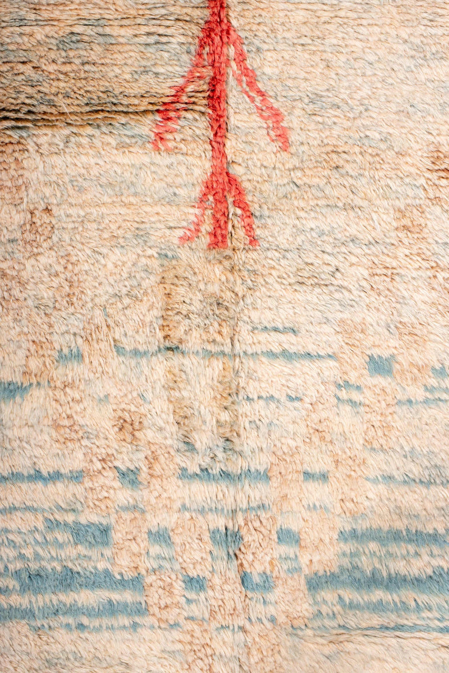 6' x 10' one-of-a-kind handmade vintage Moroccan large size rug. Color palette: ivory, coral, sky_blue, camel, taupe