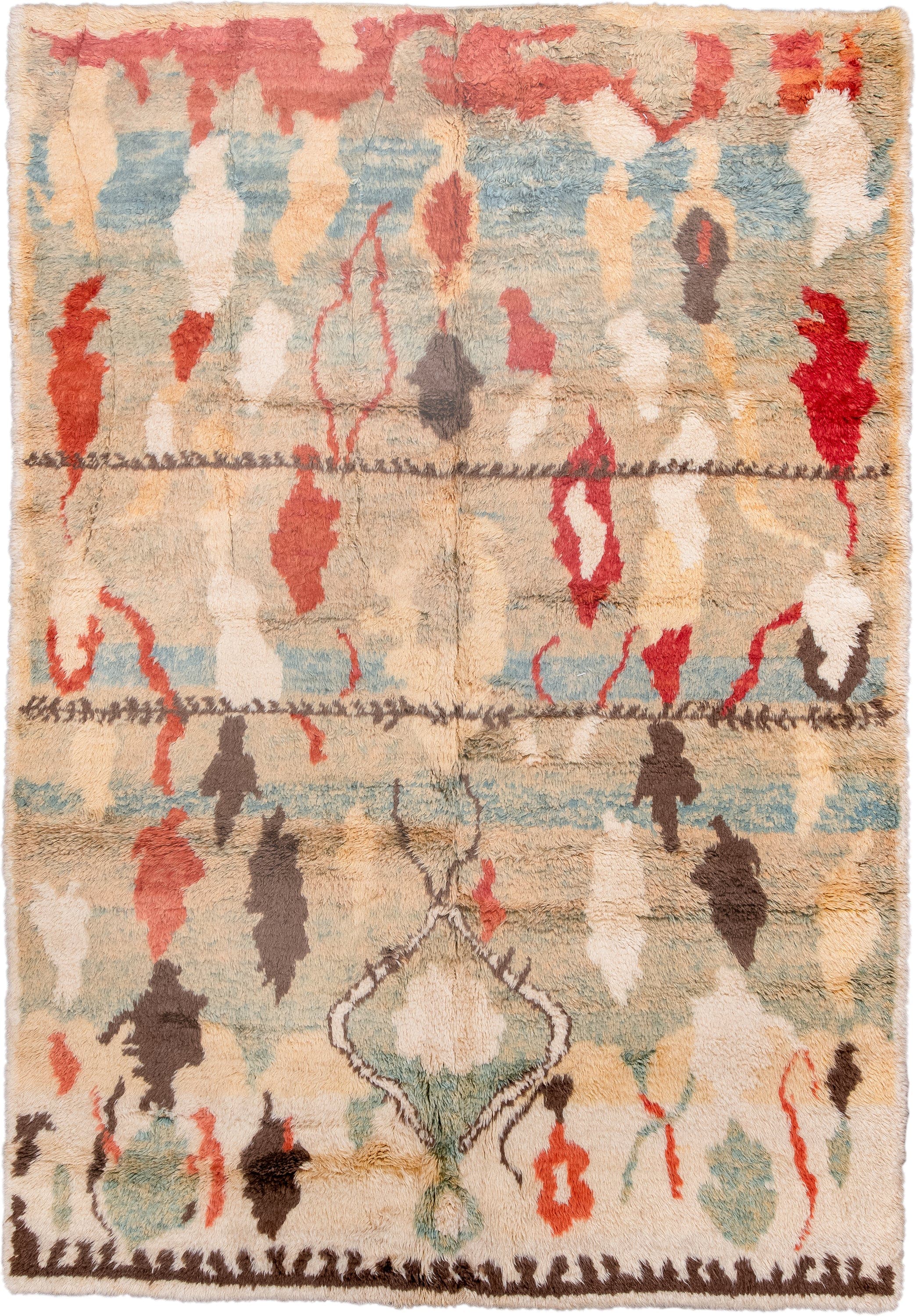 6' x 10' one-of-a-kind handmade vintage Moroccan large size rug. Color palette: ivory, aqua, coral, brown, rust, cream, sage