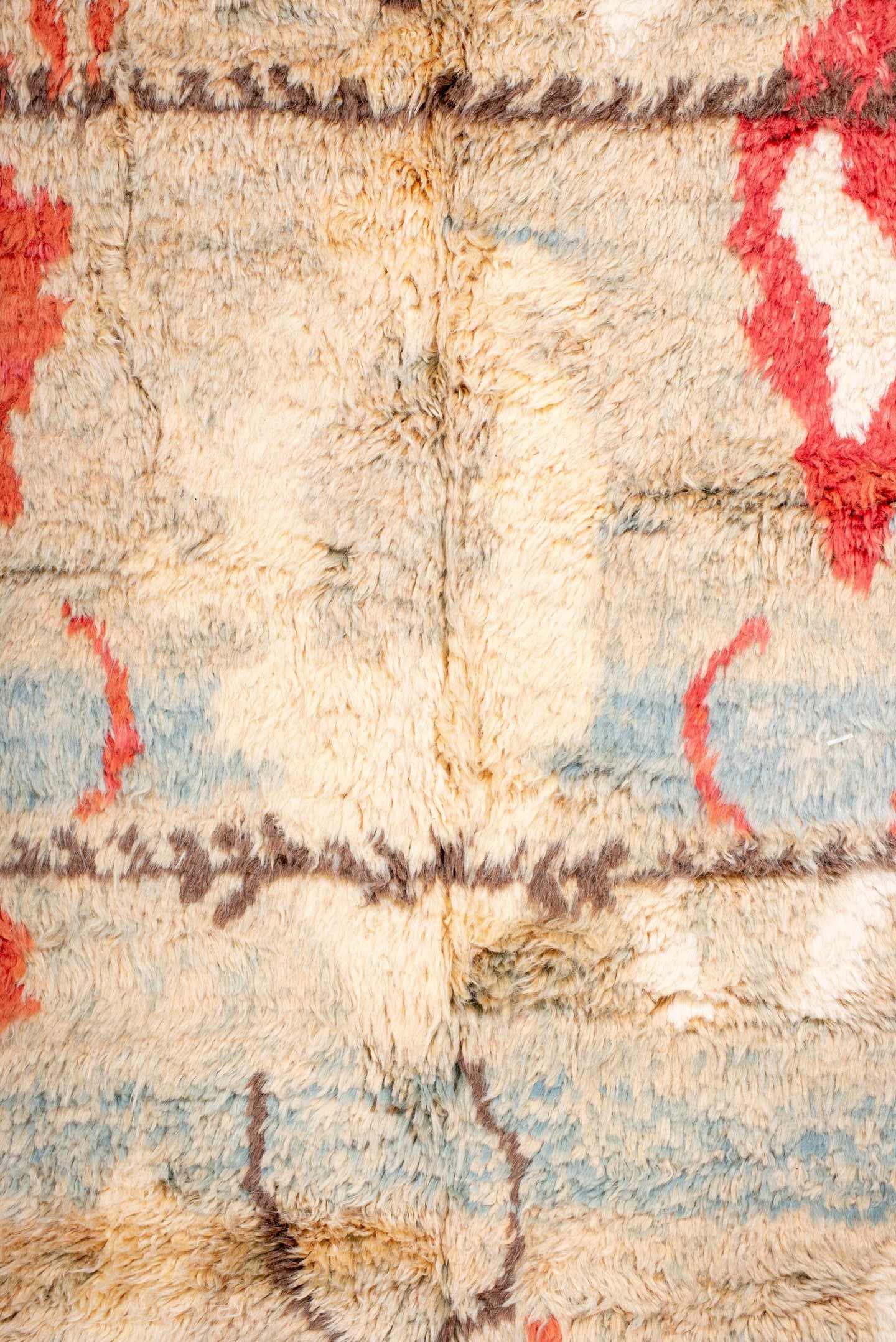 6' x 10' one-of-a-kind handmade vintage Moroccan large size rug. Color palette: ivory, aqua, coral, brown, rust, cream, sage