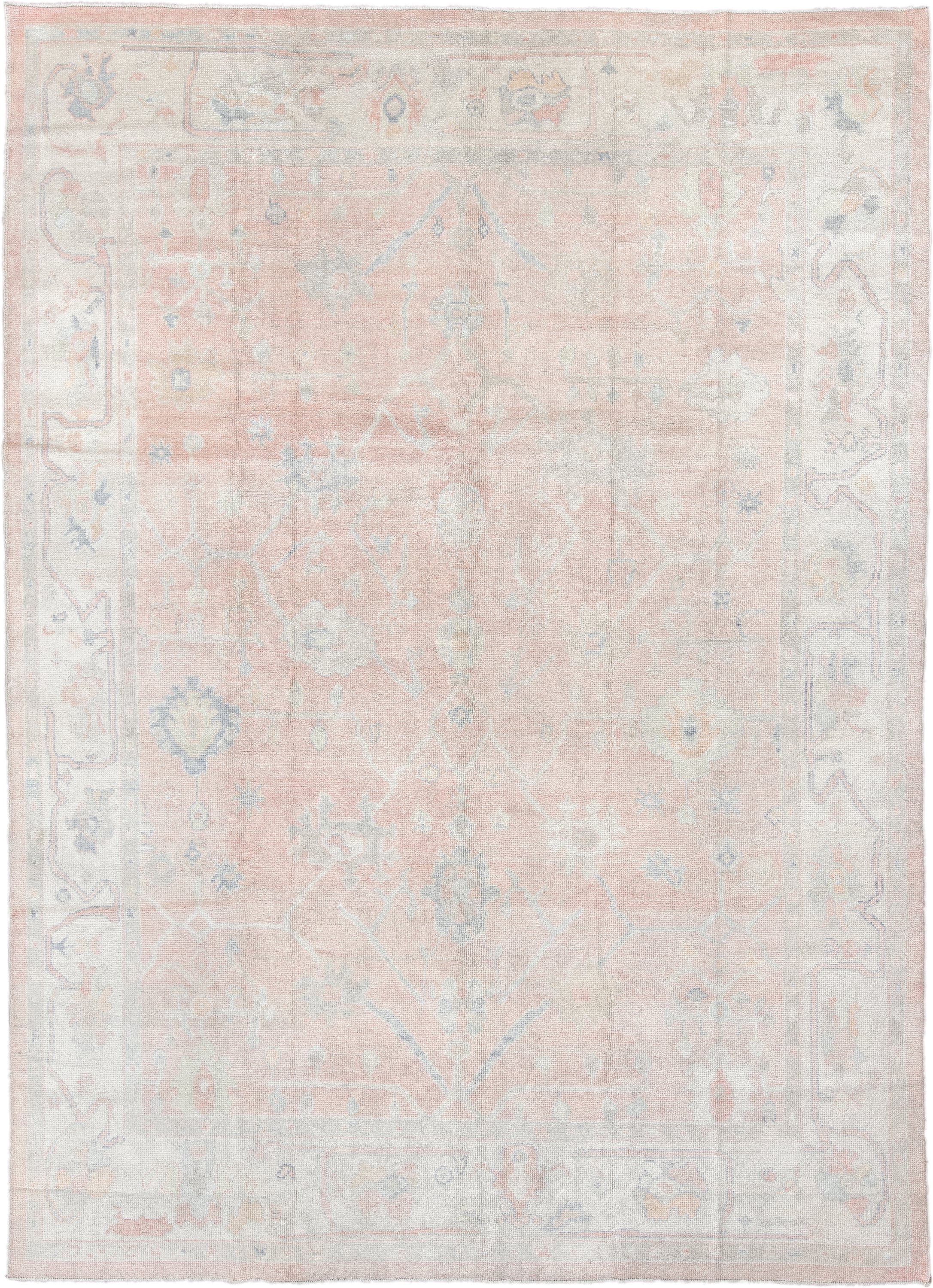 9' x 12' one-of-a-kind handmade vintage Oushak large size rug. Color palette: blush, ivory, cream, pale blue, taupe, peach