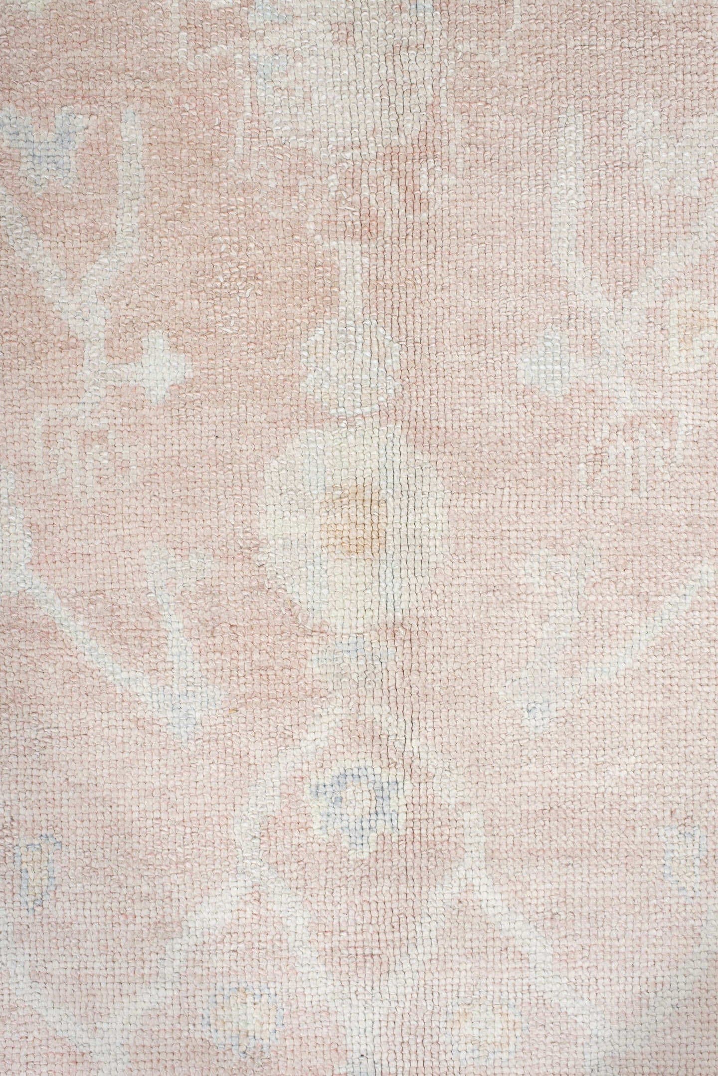 9' x 12' one-of-a-kind handmade vintage Oushak large size rug. Color palette: blush, ivory, cream, pale blue, taupe, peach