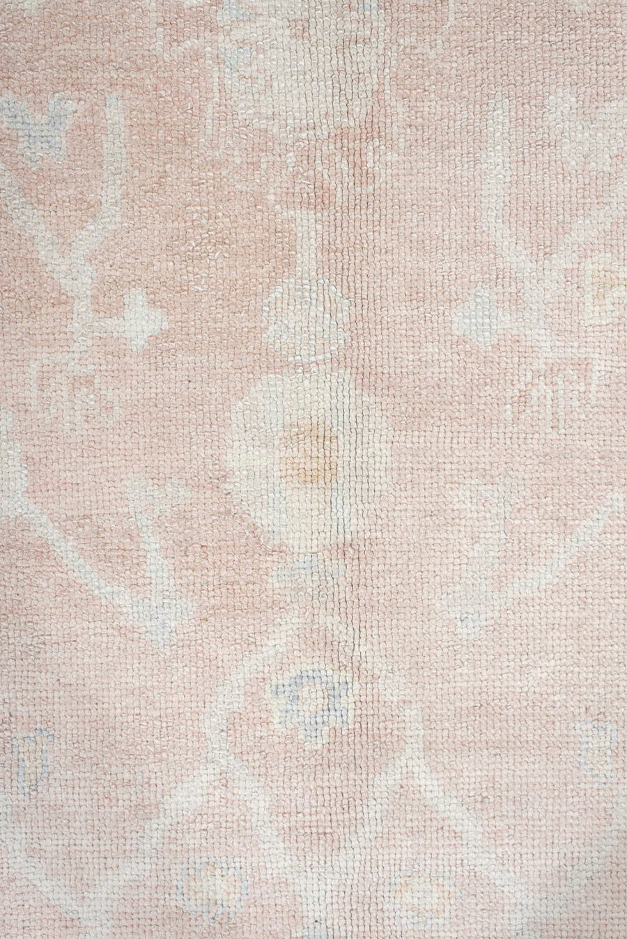 9' x 12' one-of-a-kind handmade vintage Oushak large size rug. Color palette: blush, ivory, cream, pale blue, taupe, peach