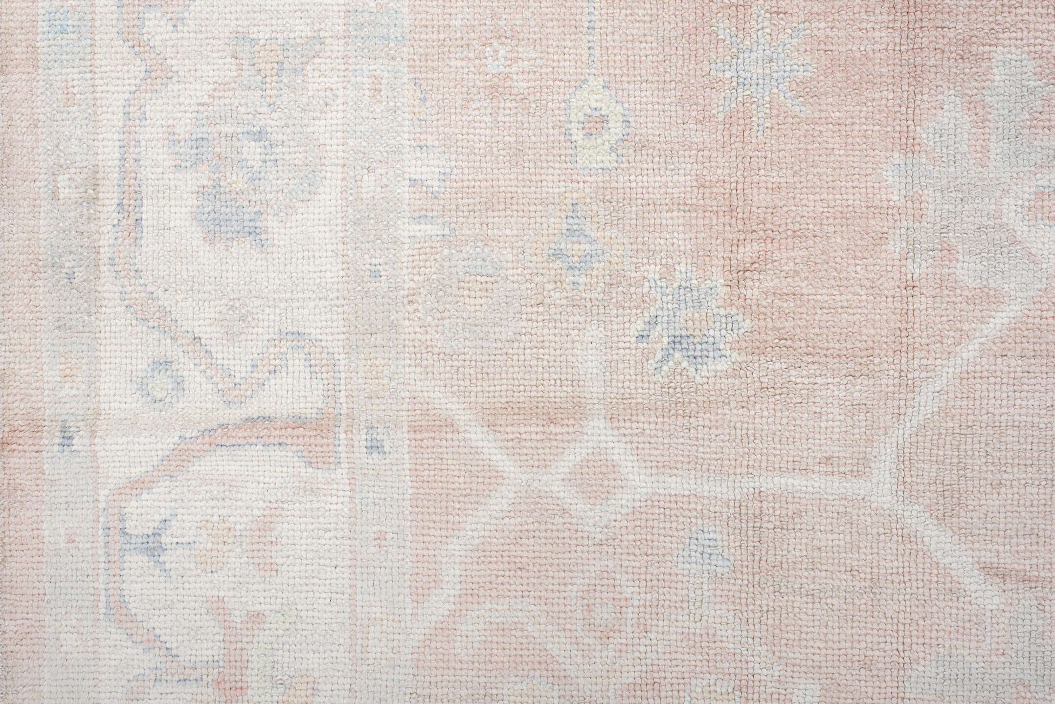 9' x 12' one-of-a-kind handmade vintage Oushak large size rug. Color palette: blush, ivory, cream, pale blue, taupe, peach