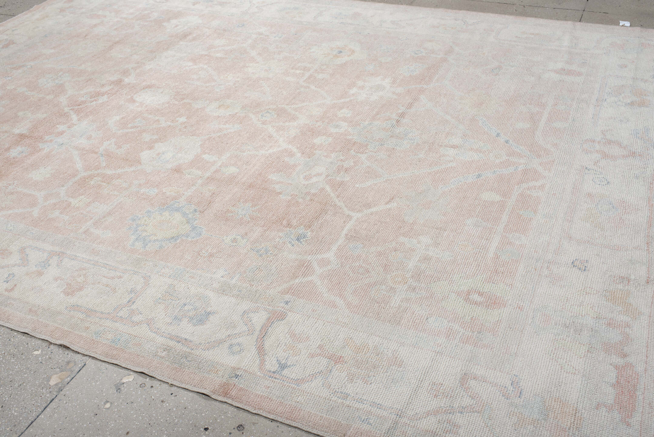 9' x 12' one-of-a-kind handmade vintage Oushak large size rug. Color palette: blush, ivory, cream, pale blue, taupe, peach
