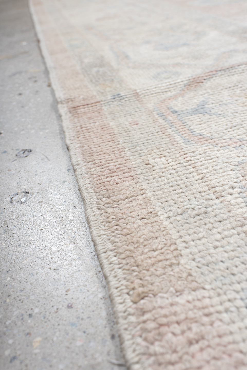 9' x 12' one-of-a-kind handmade vintage Oushak large size rug. Color palette: blush, ivory, cream, pale blue, taupe, peach