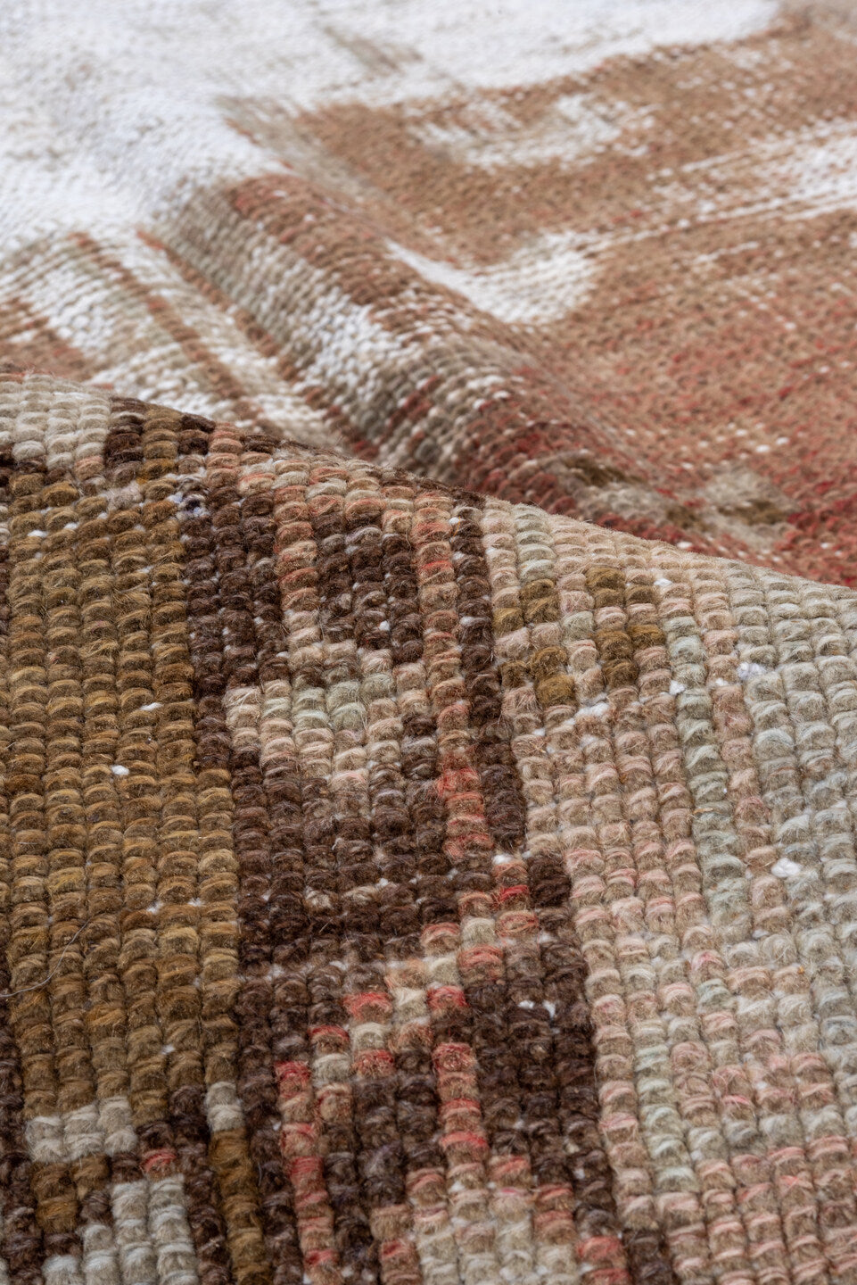 4' x 8' one-of-a-kind handmade vintage Oushak rug. Color palette: taupe, ivory, brown, rose, beige, rust, gray, pink, red