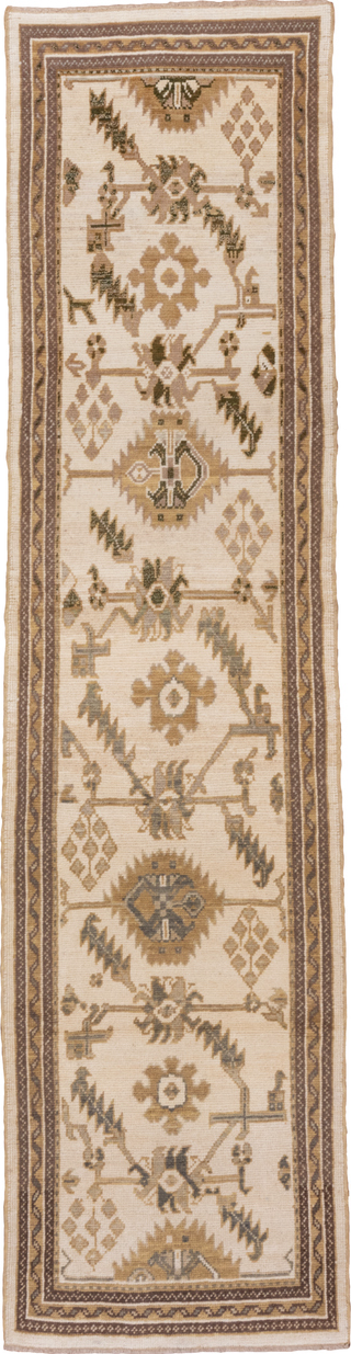 3' x 11' one-of-a-kind handmade vintage Oushak runner rug. Color palette: brown, gray, light gray, off-white, orange, snow