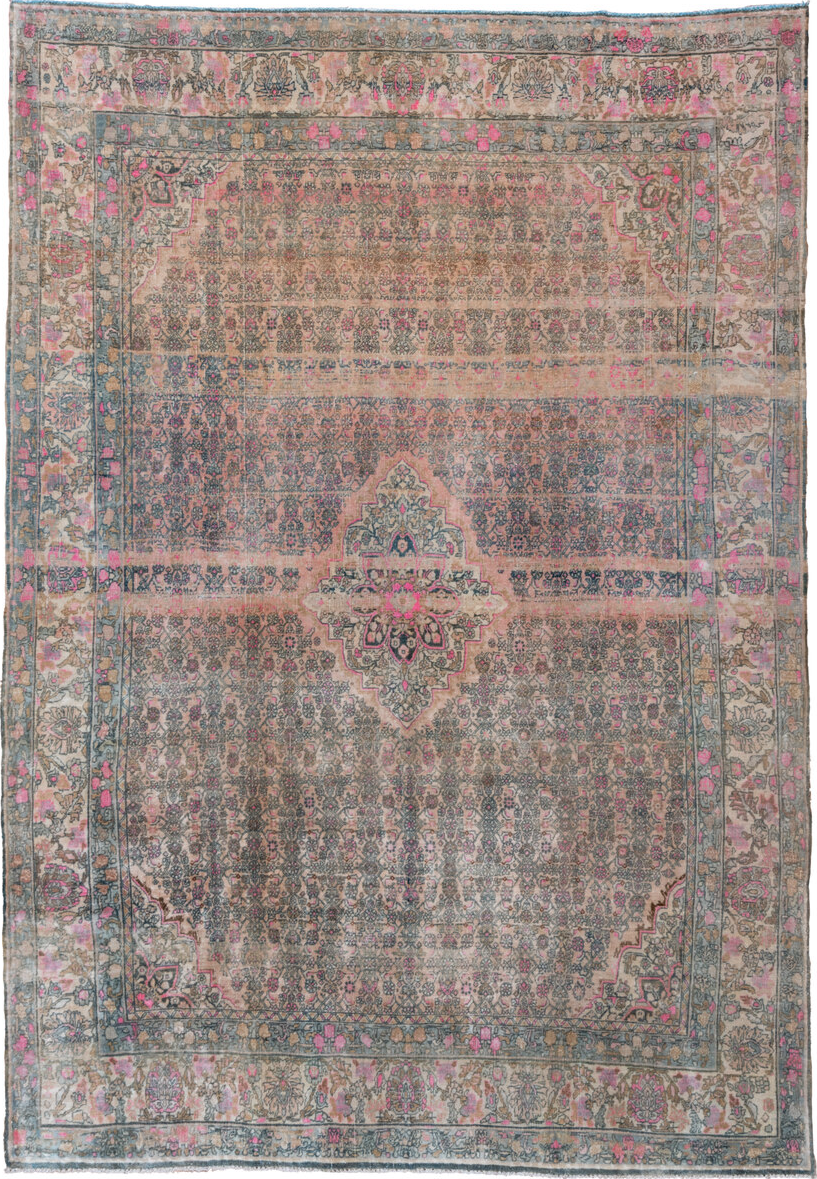 7' x 10' one-of-a-kind handmade vintage Bidjar large size rug. Color palette: blue, brown, dark gray, dim gray, gray