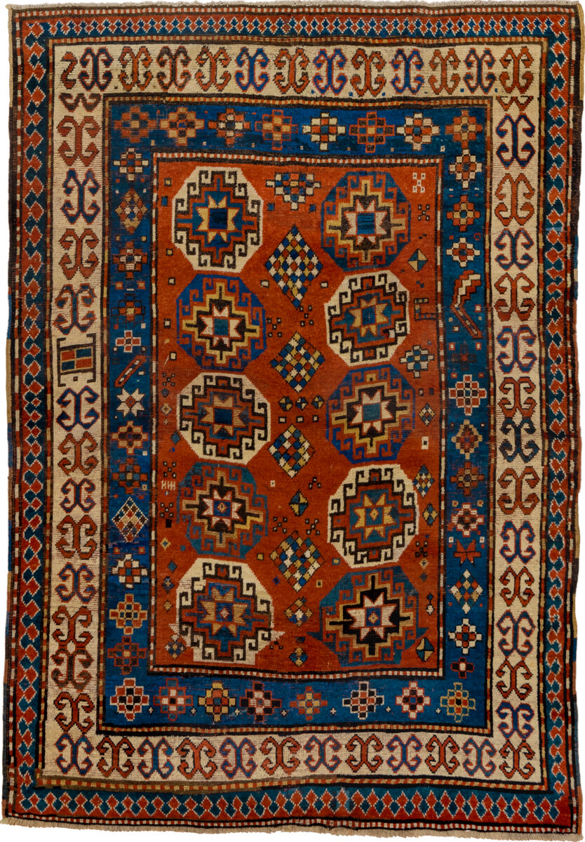 4' x 7' one-of-a-kind handmade vintage Kazak rug. Color palette: arapawa, blue, brown, fiord, gray, light gray, pink, red