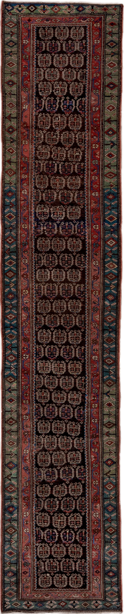 2' x 12' one-of-a-kind handmade vintage Caucasian runner rug. Color palette: black, brown, charcoal, gray, off-white, pink