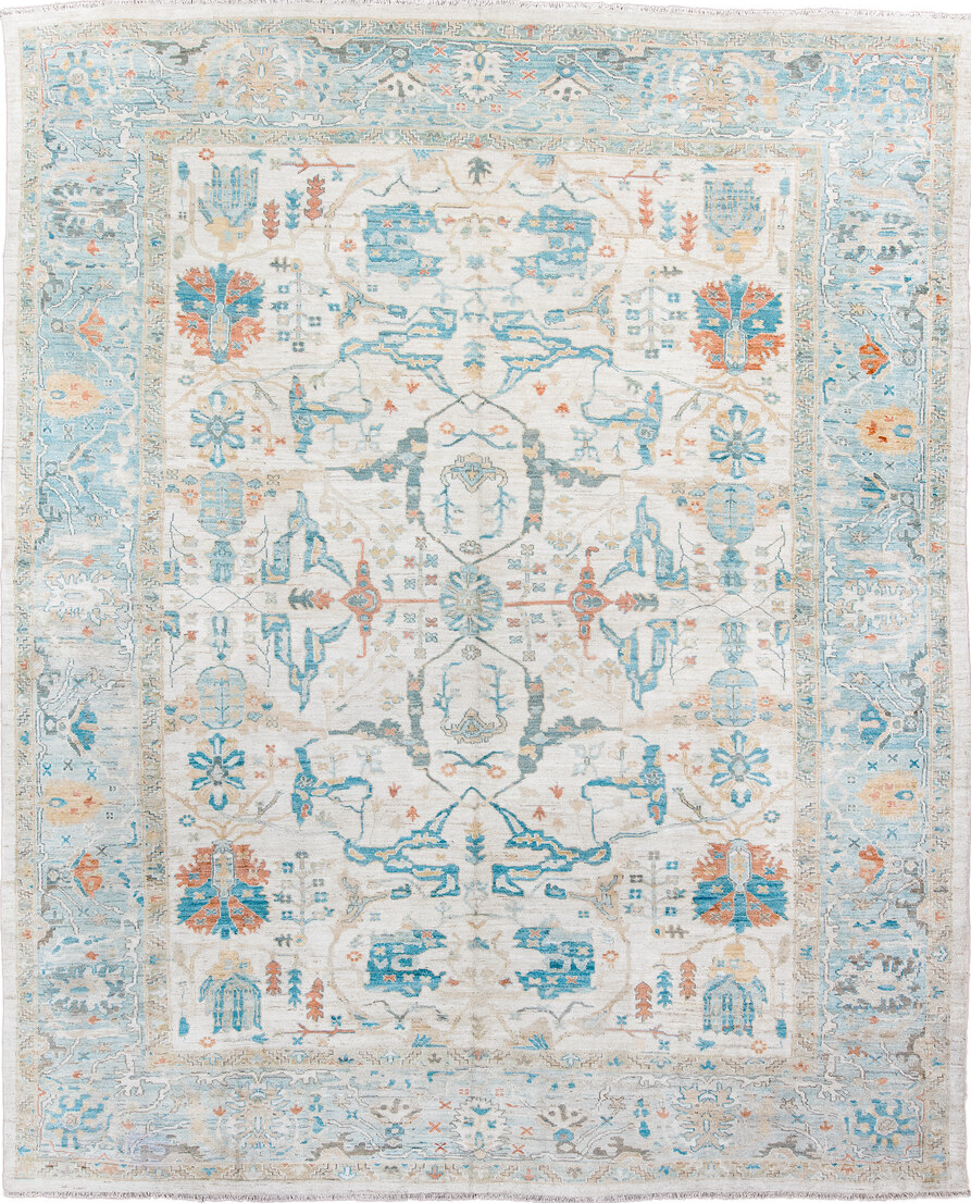 12' x 15' one-of-a-kind handmade vintage Sultanabad oversize rug. Color palette: blue, brown, dark gray, gray, light blue