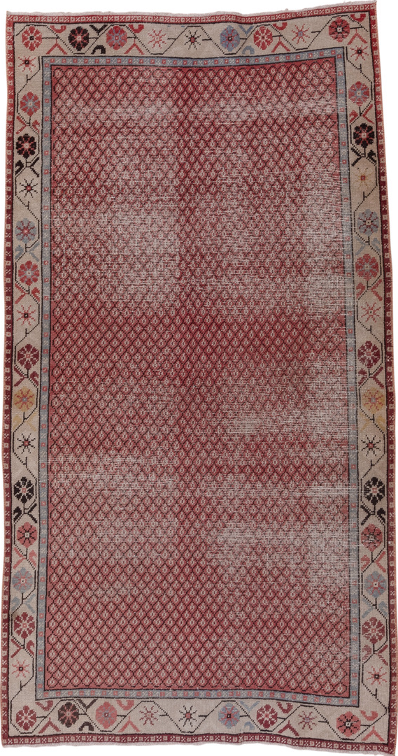 4' x 7' one-of-a-kind handmade vintage Oushak rug. Color palette: brown, red, pink, gray, redwood