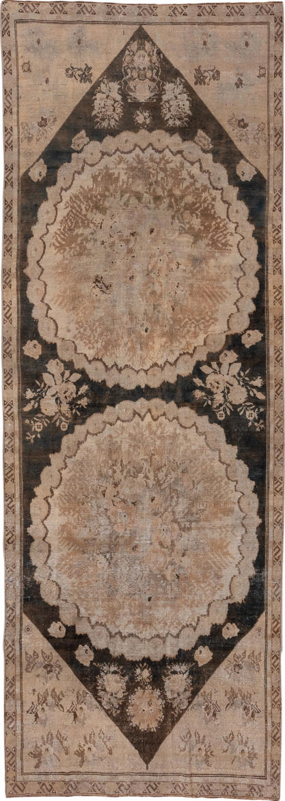 4' x 11' one-of-a-kind handmade vintage Karabagh runner rug. Color palette: black, brown, gray, pink