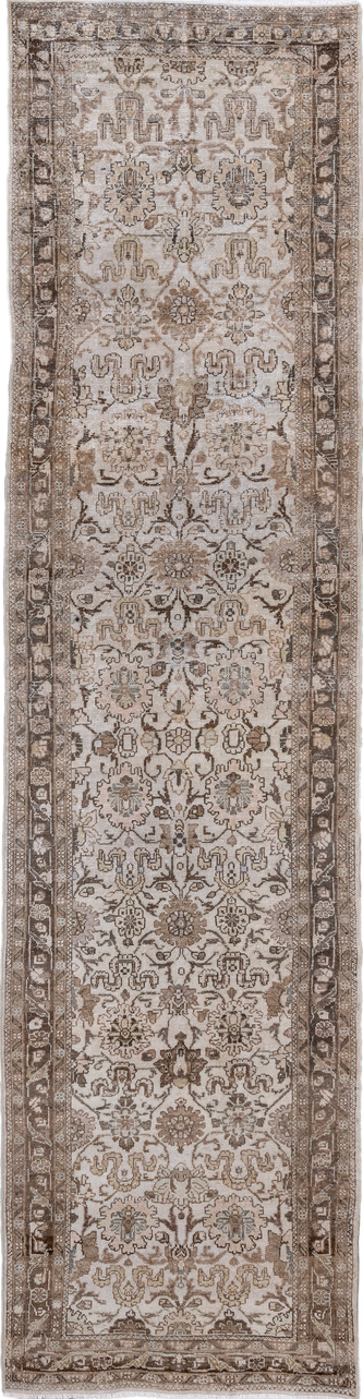 2' x 11' one-of-a-kind handmade vintage Dargazin runner rug. Color palette: brown, gray, light gray, off-white, pink, silver