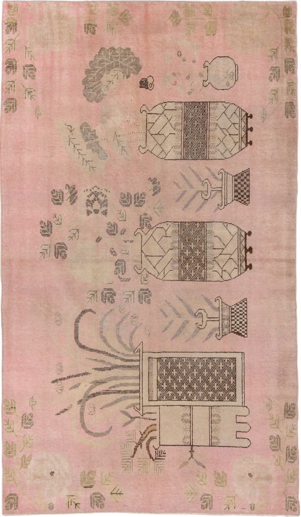 4' x 7' one-of-a-kind handmade vintage Khotan rug. Color palette: brown, gray, light gray, off-white, pink, snow, white